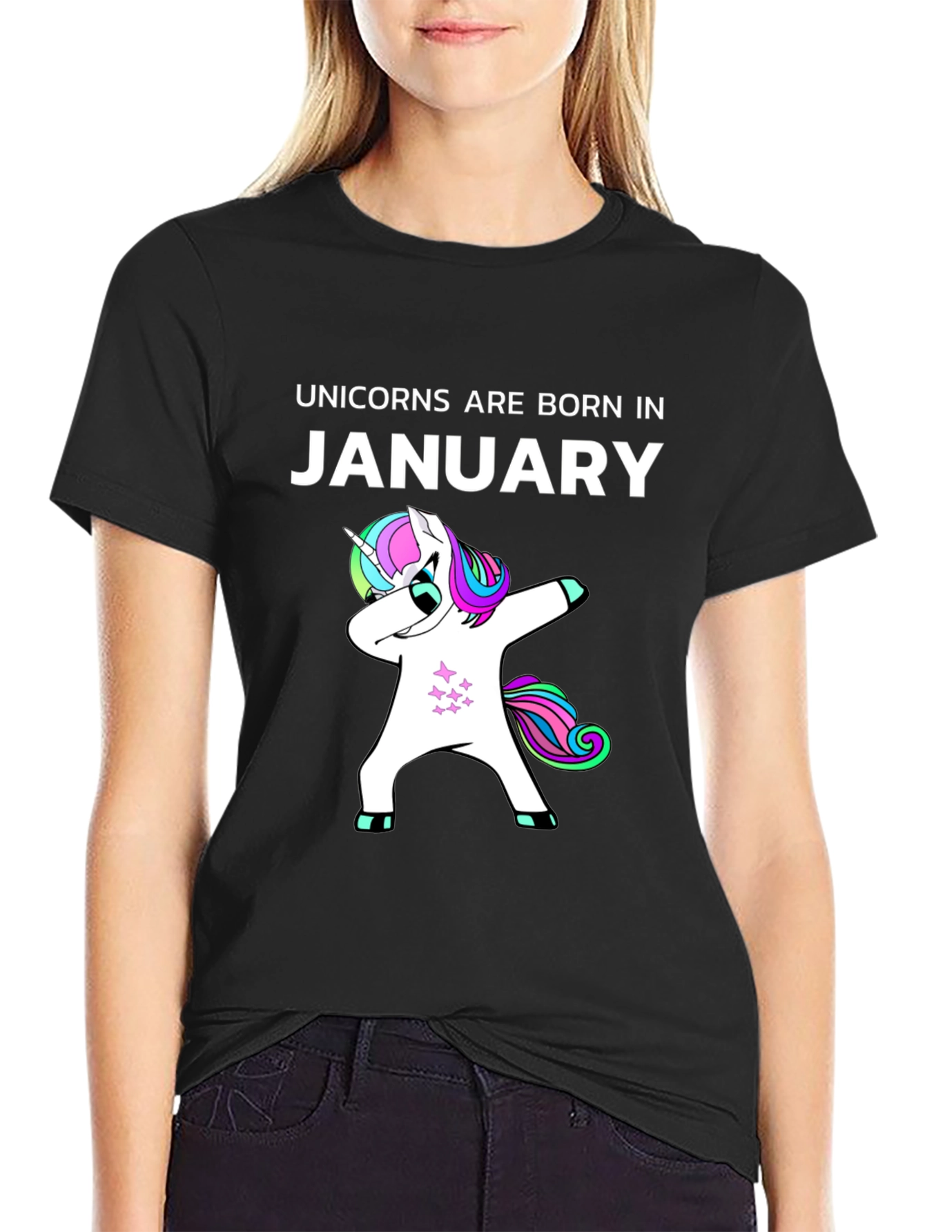 Black Unicorns Born in January Black T-Shirt view 2