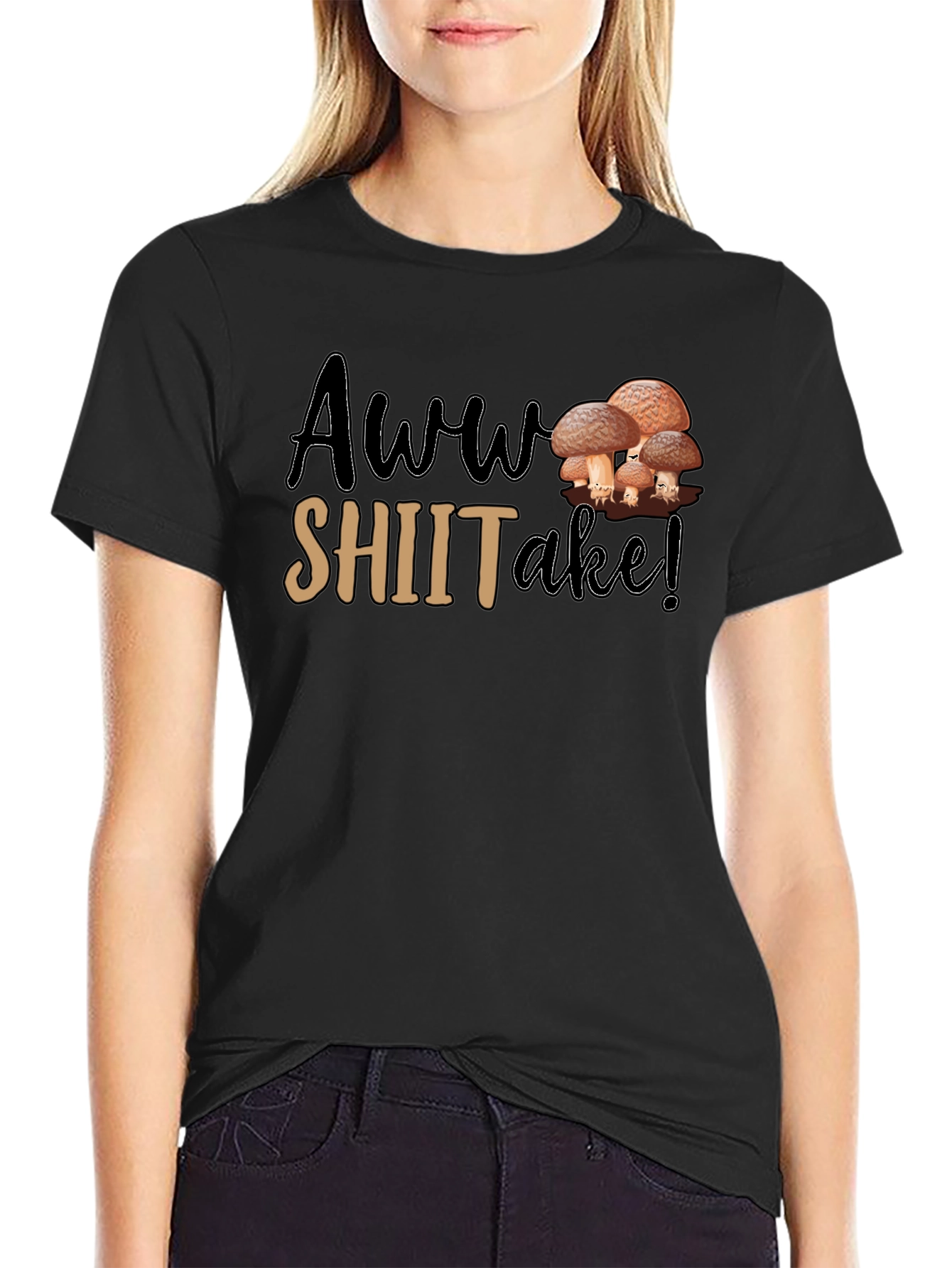 Black Awww Shiitake! Mushroom Pun Graphic T-Shirt view 2