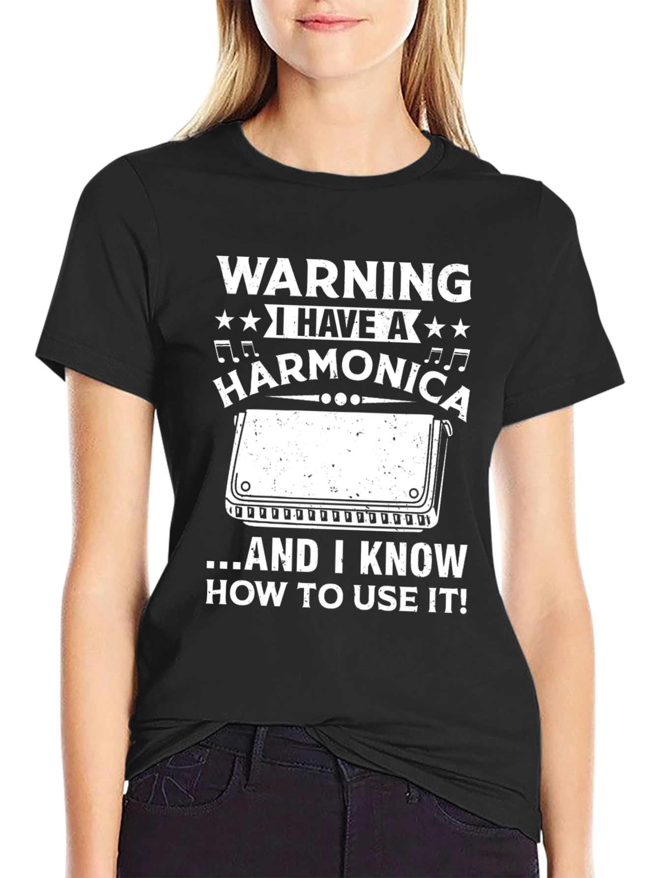 Black Warning Harmonica Player T-Shirt view 2