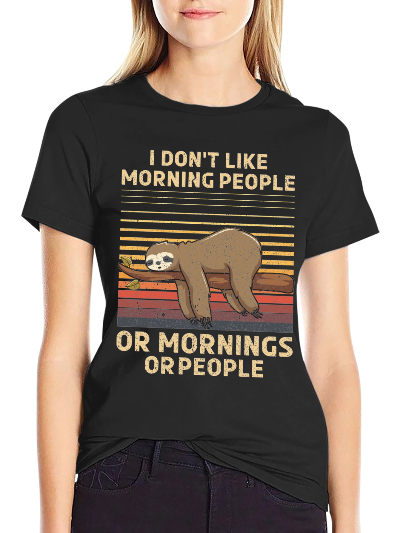 Black Funny Sloth T-Shirt: I Don't Like Morning People view 2