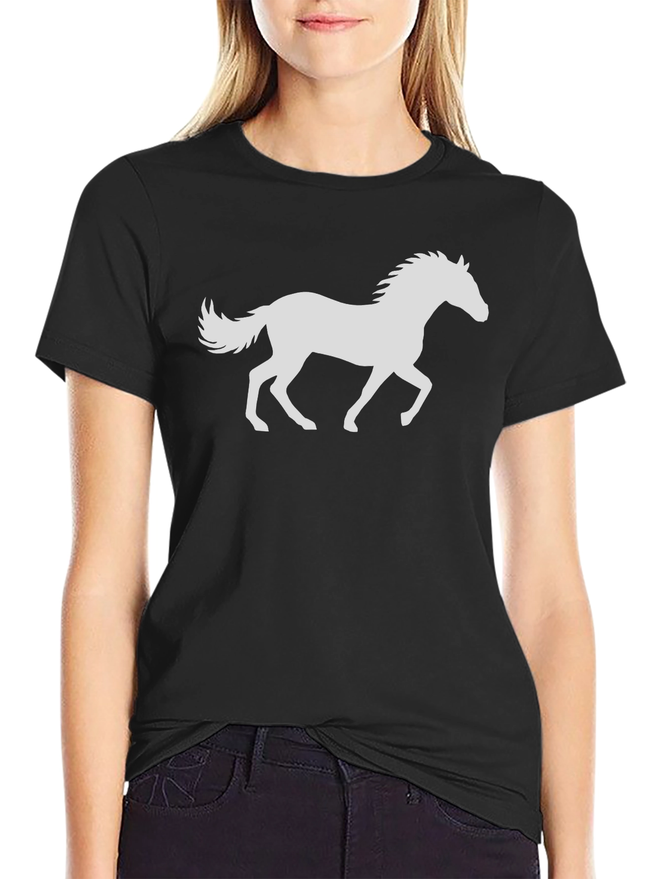 Black Black T-Shirt with White Horse Design view 2