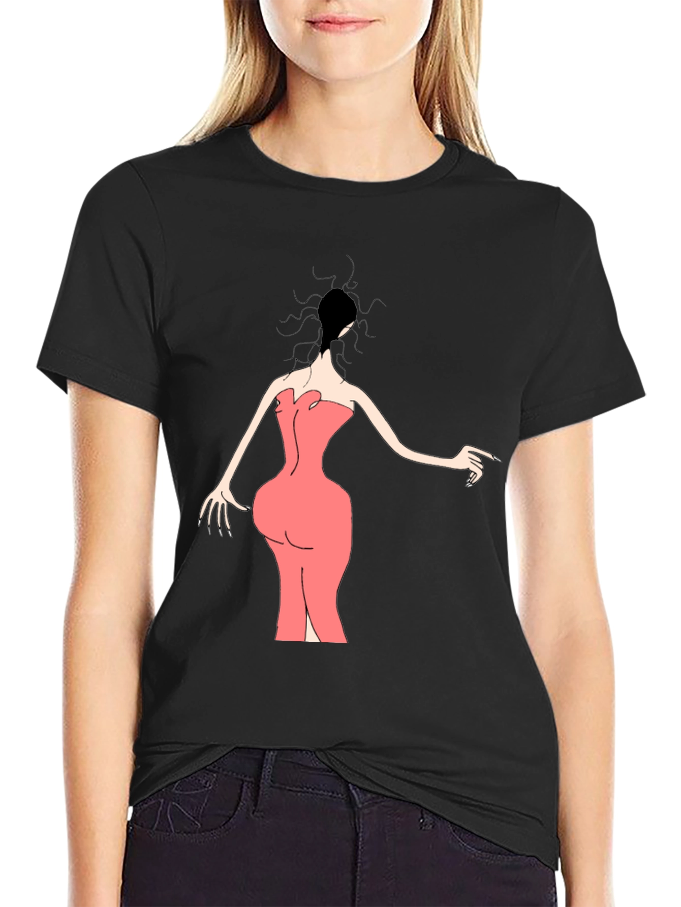 Black Woman in Pink Dress Graphic Tee - Black view 2