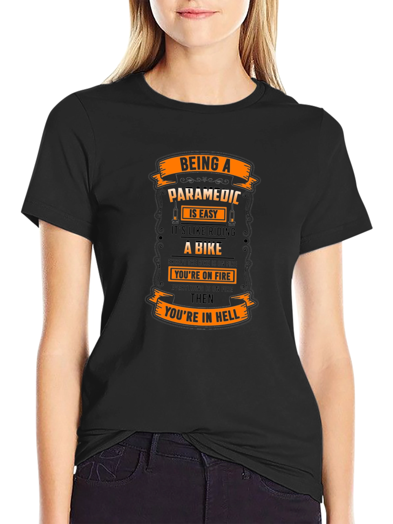 Black Paramedic Life T-Shirt - Riding a Bike in Hell! view 2