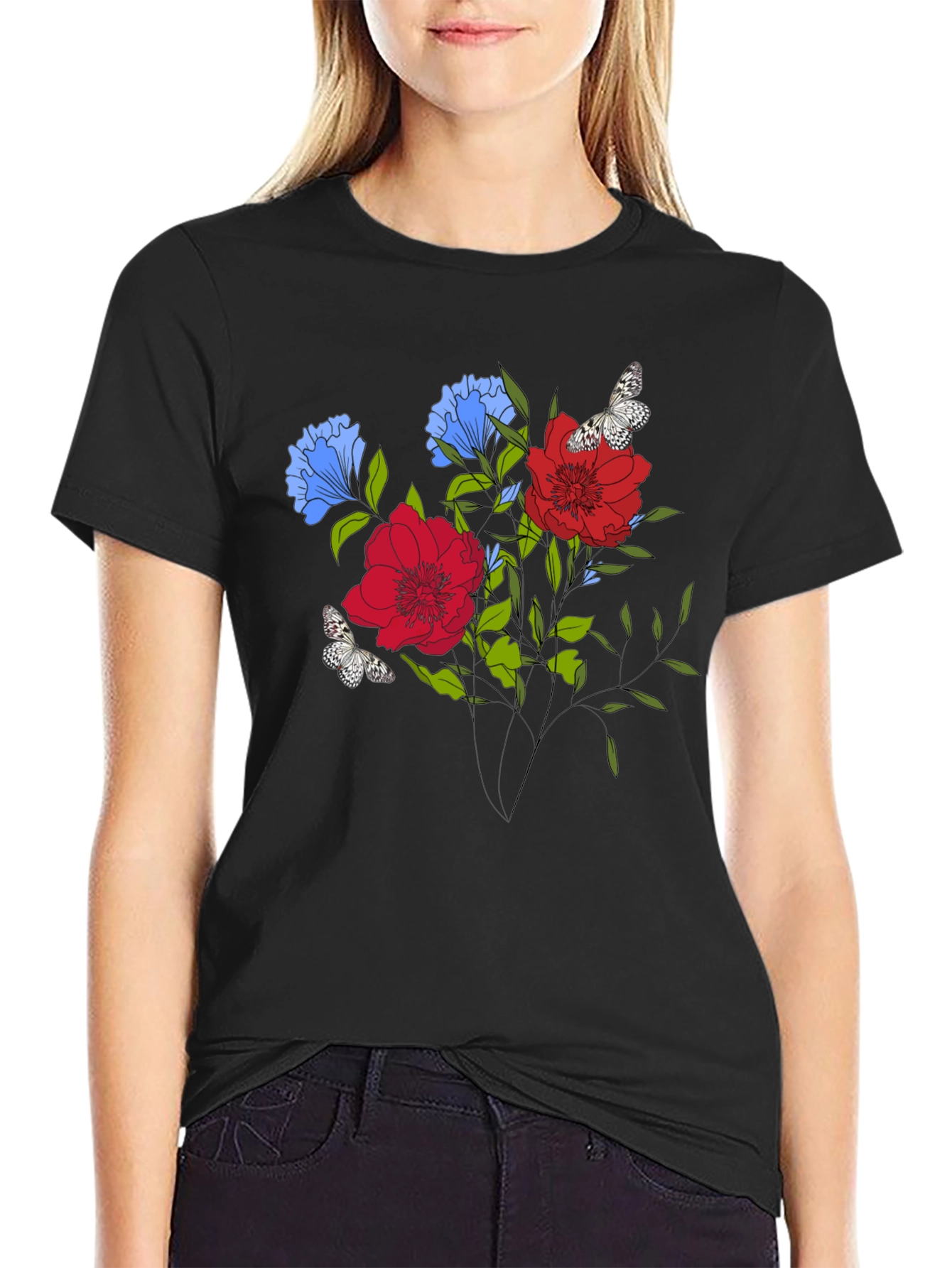 Black Floral Butterfly Graphic Print T-Shirt view 2