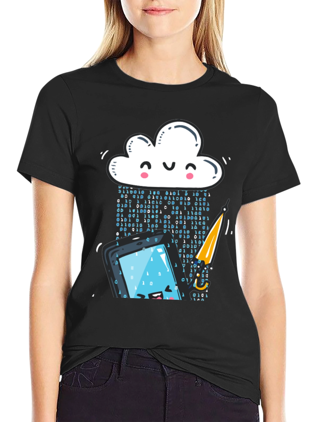 Black Funny Cloud Data Rain Smartphone Black T-Shirt view 2
