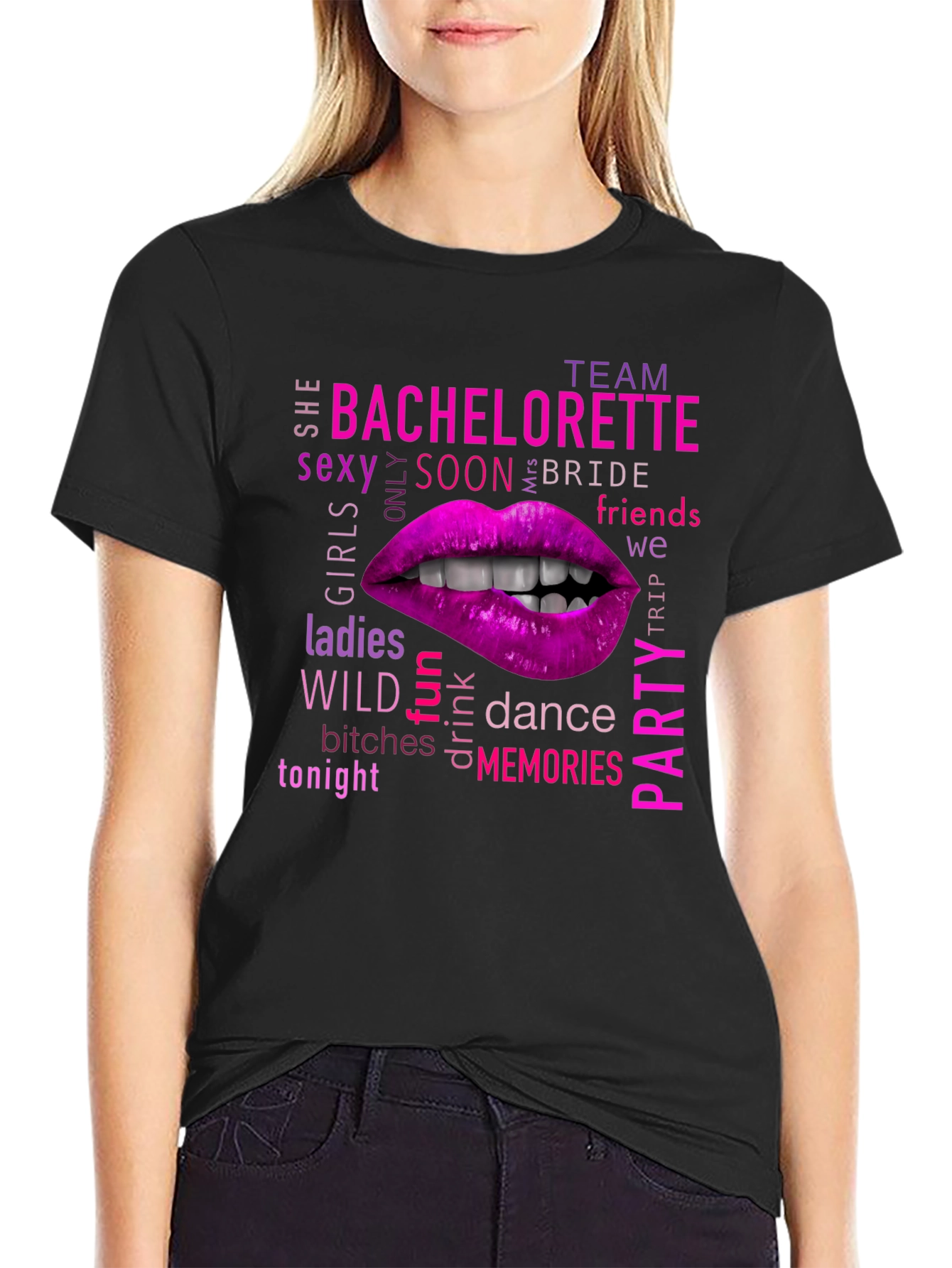 Black Bachelorette Party Lips Graphic T-Shirt view 2