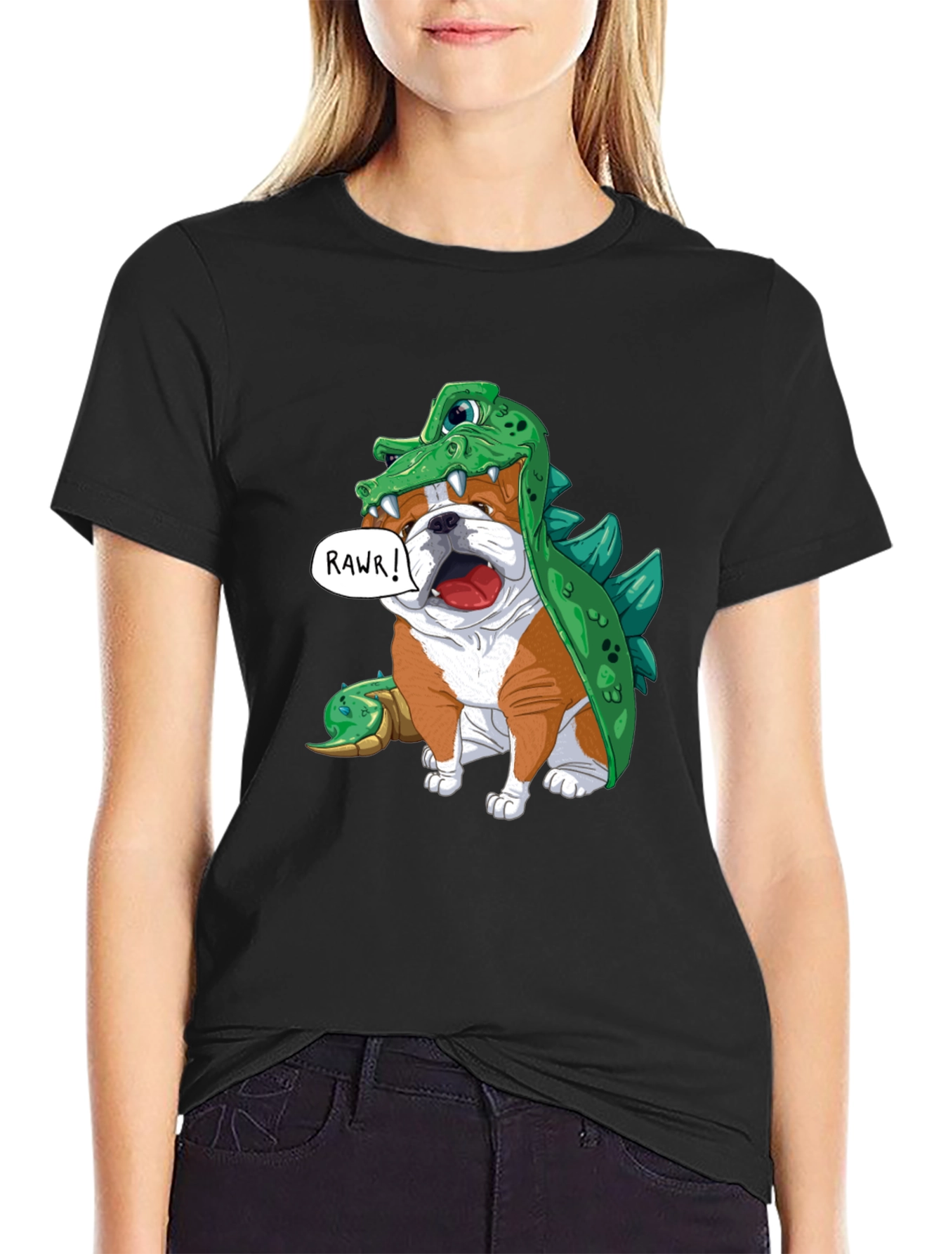Black Bulldog in Crocodile Costume T-Shirt view 2