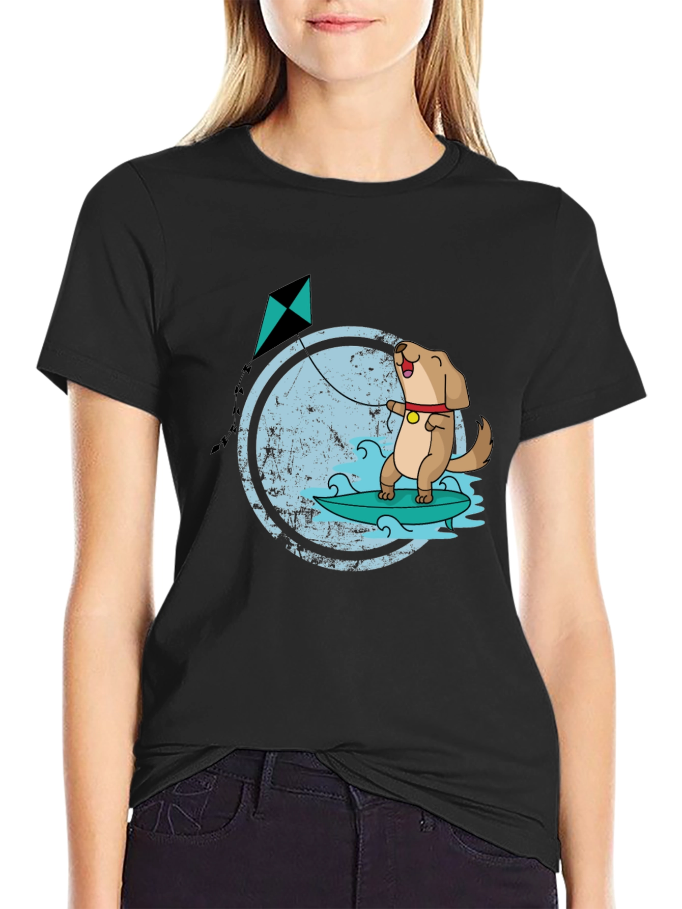 Black Surfing Dog Kite T-Shirt view 2