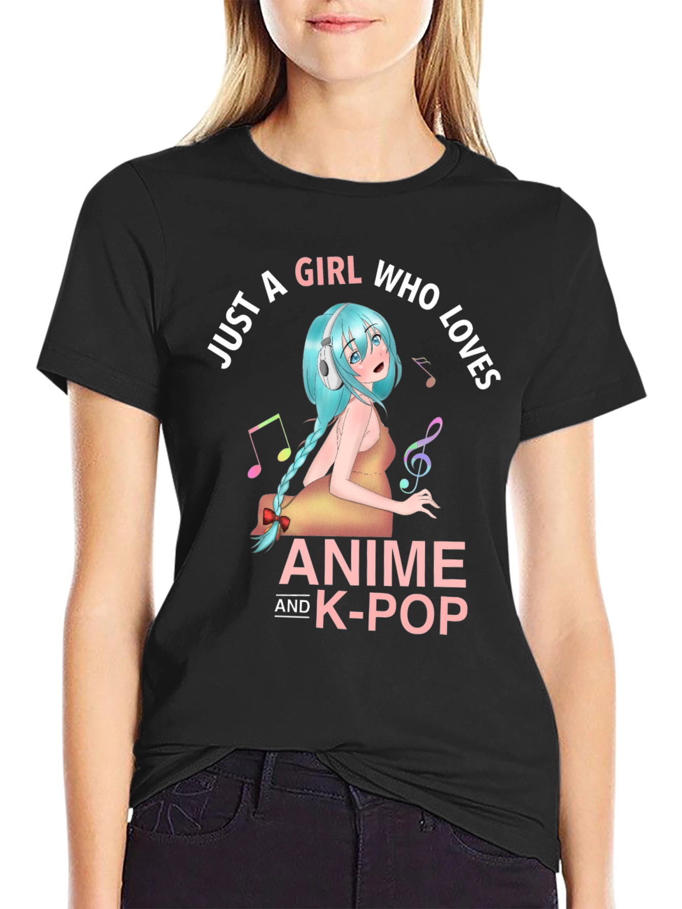 Black Anime & K-Pop Girl T-Shirt - Music Lover Tee view 2