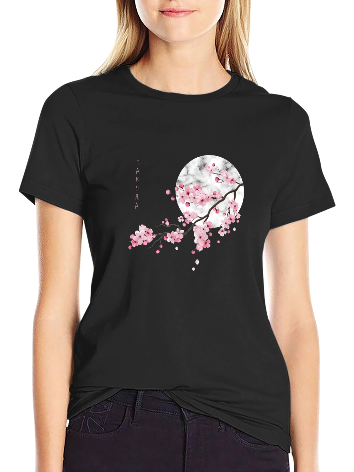 Black Sakura Blossom Graphic Tee - Black Cotton Casual Shirt view 2