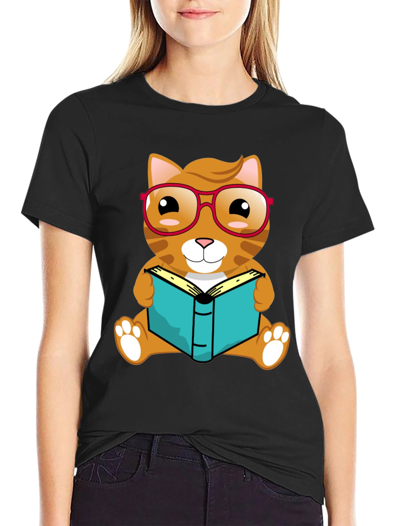 Black Bookworm Cat T-Shirt view 2