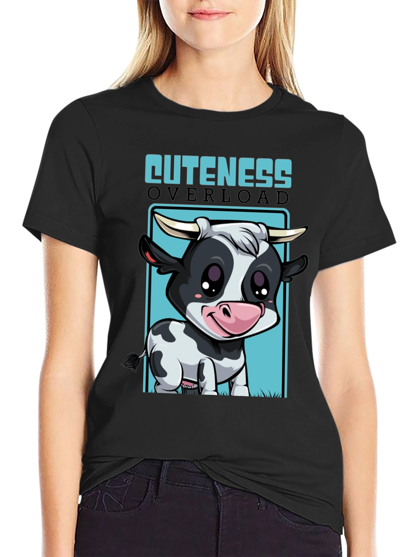 Black Cute Cow Cuteness Overload Graphic T-Shirt view 2