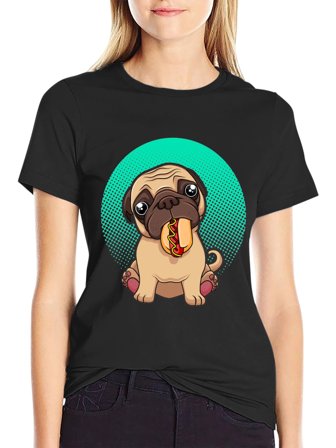 Black Pug Eating Hotdog Graphic T-Shirt - Cute Dog Tee view 2