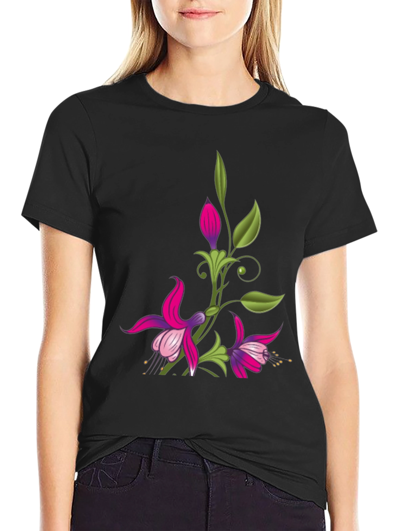 Black Floral Graphic Black T-Shirt view 2
