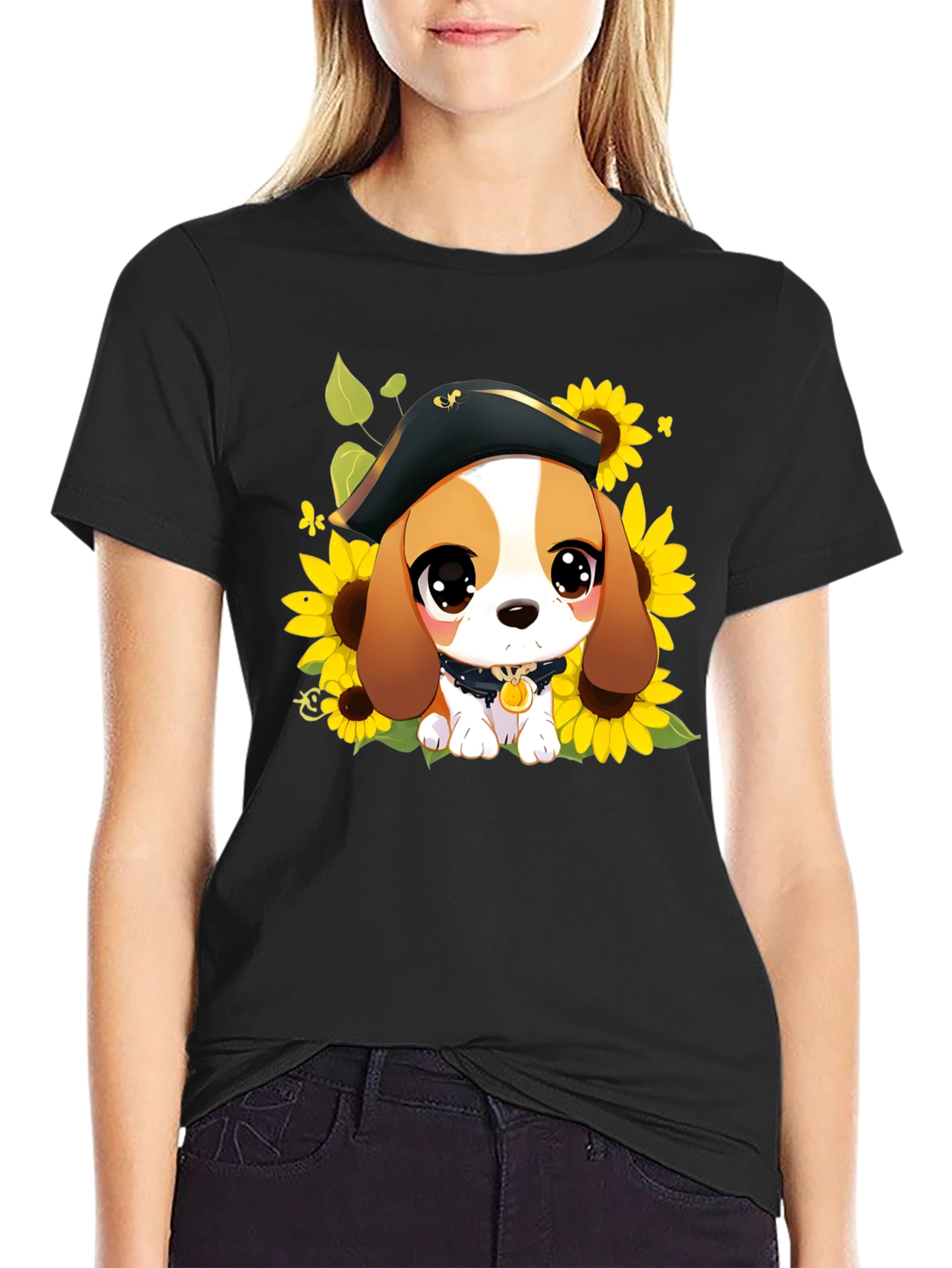 Black Cute Cartoon Beagle in Pirate Hat T-Shirt view 2