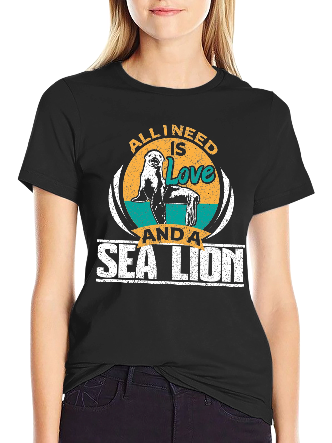 Black All I Need Is Love And A Sea Lion T-Shirt view 2