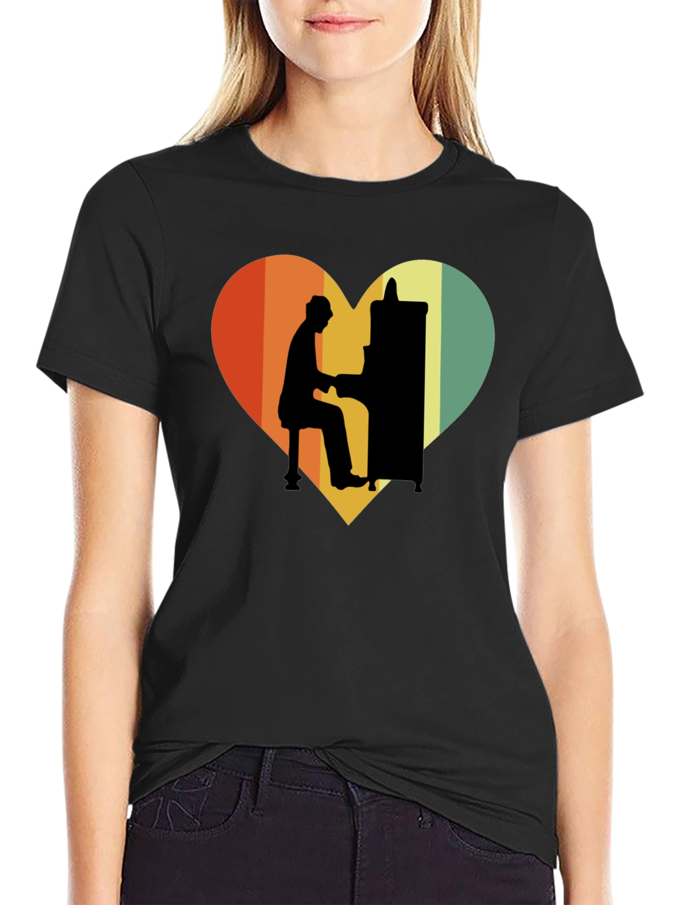 Black Retro Heart Piano Player Graphic T-Shirt view 2
