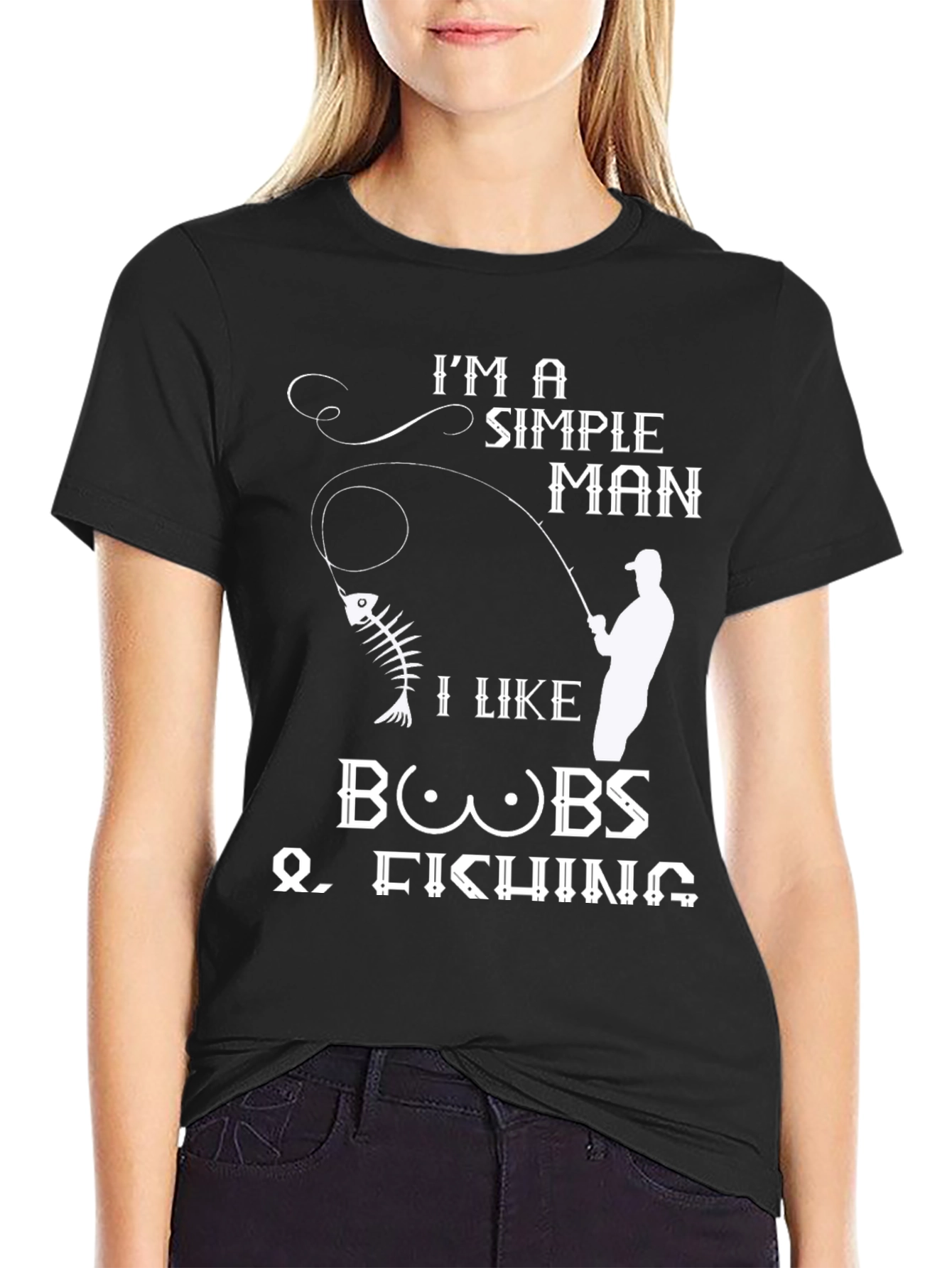 Black Simple Man Boobs Fishing Black Graphic Tee view 2