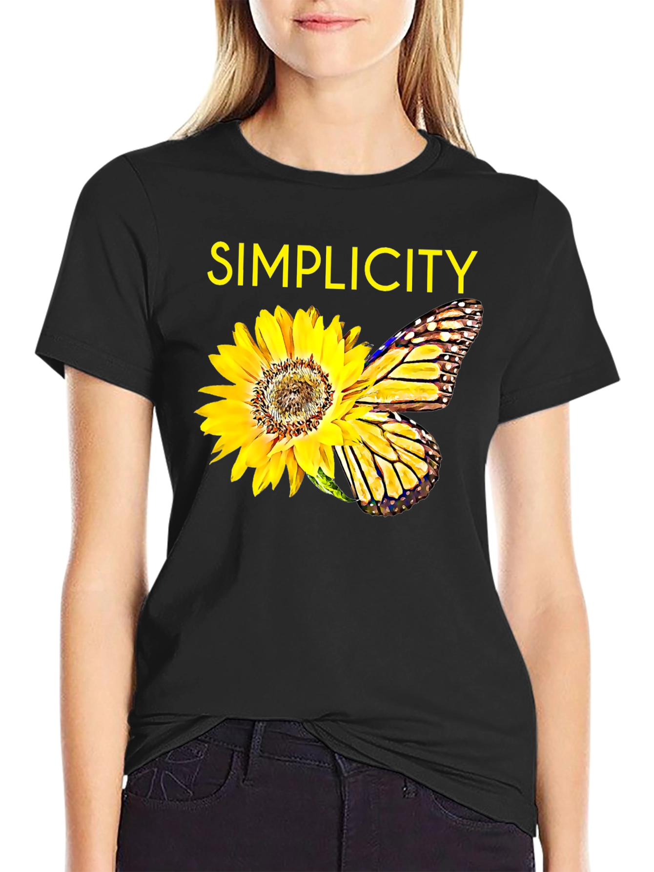 Simplicity Sunflower Butterfly Graphic Tee - Black - 2