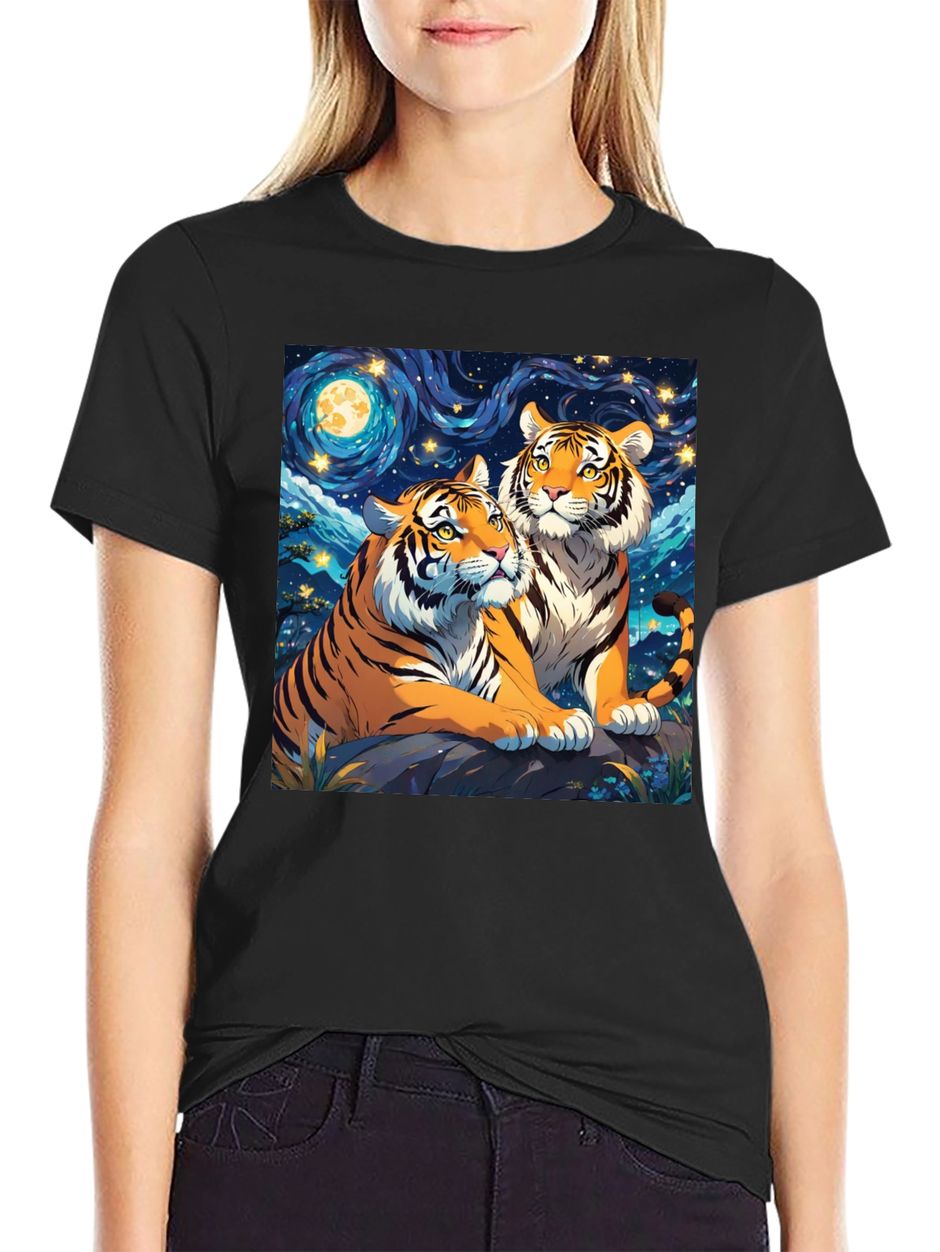 Black Tiger Lovers T-Shirt: Starry Night Design view 2
