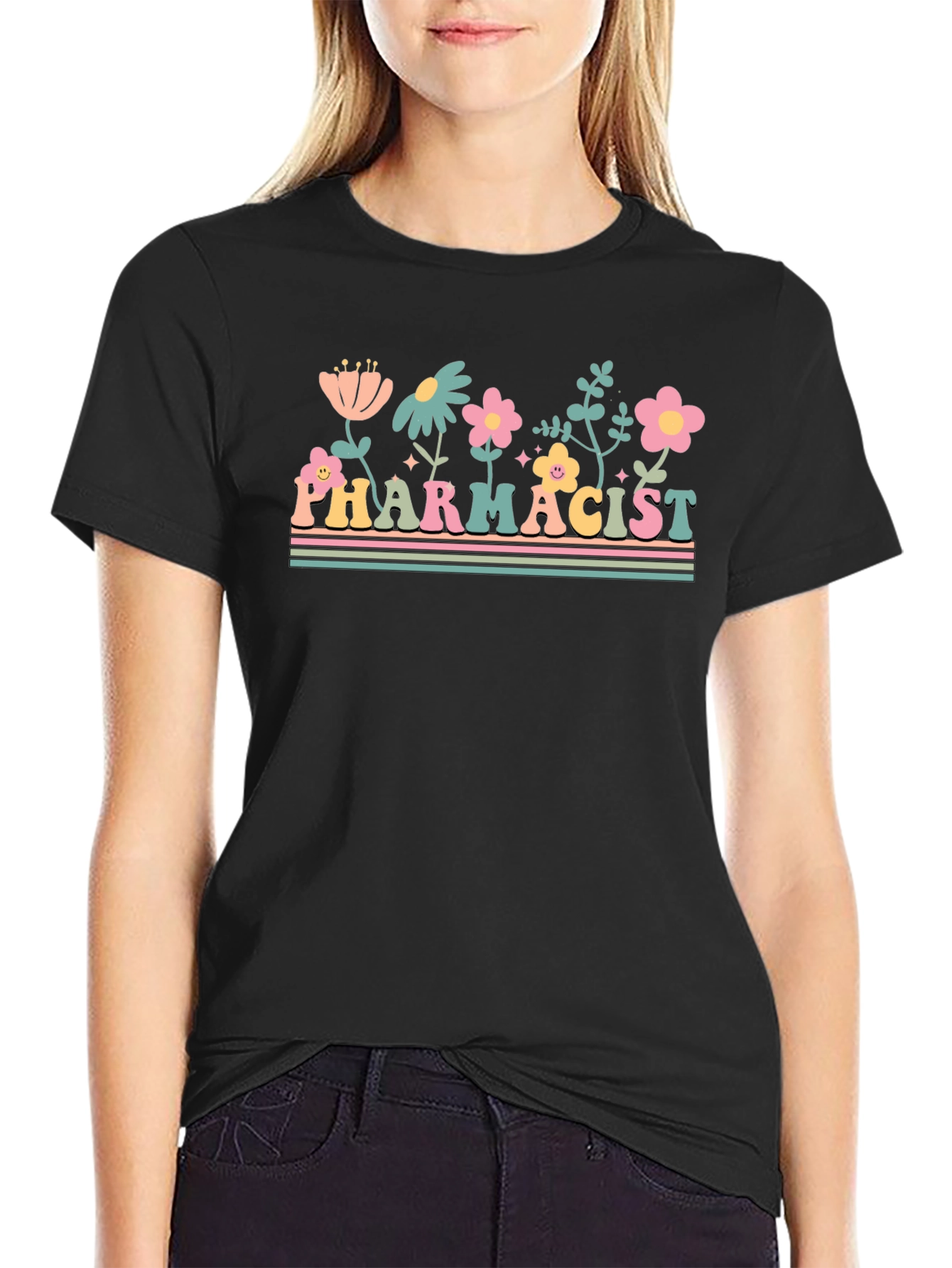 Black Floral Pharmacist Graphic Tee - Unisex Black T-Shirt view 2