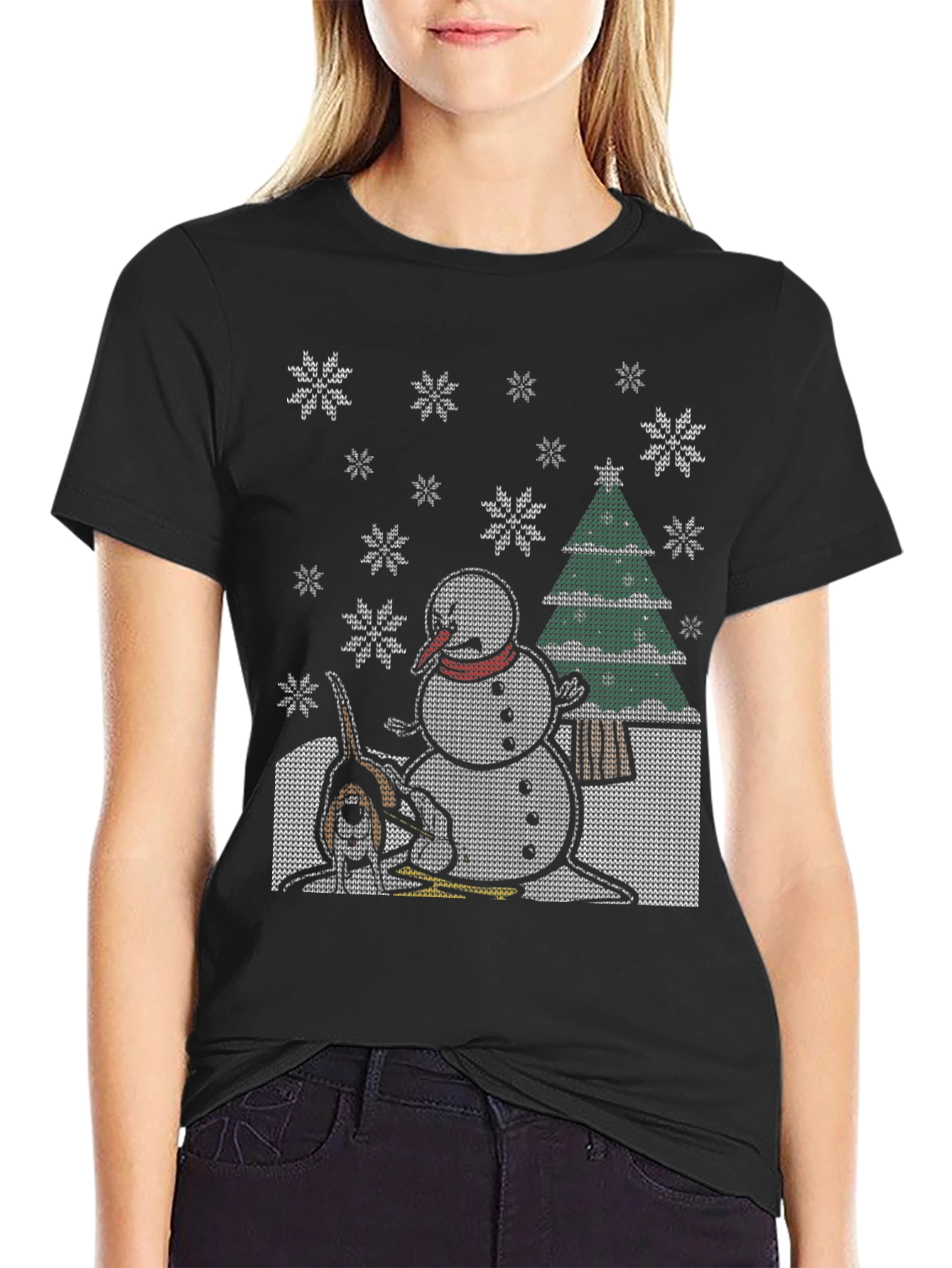 Black Funny Christmas T-Shirt Dog Snowman view 2