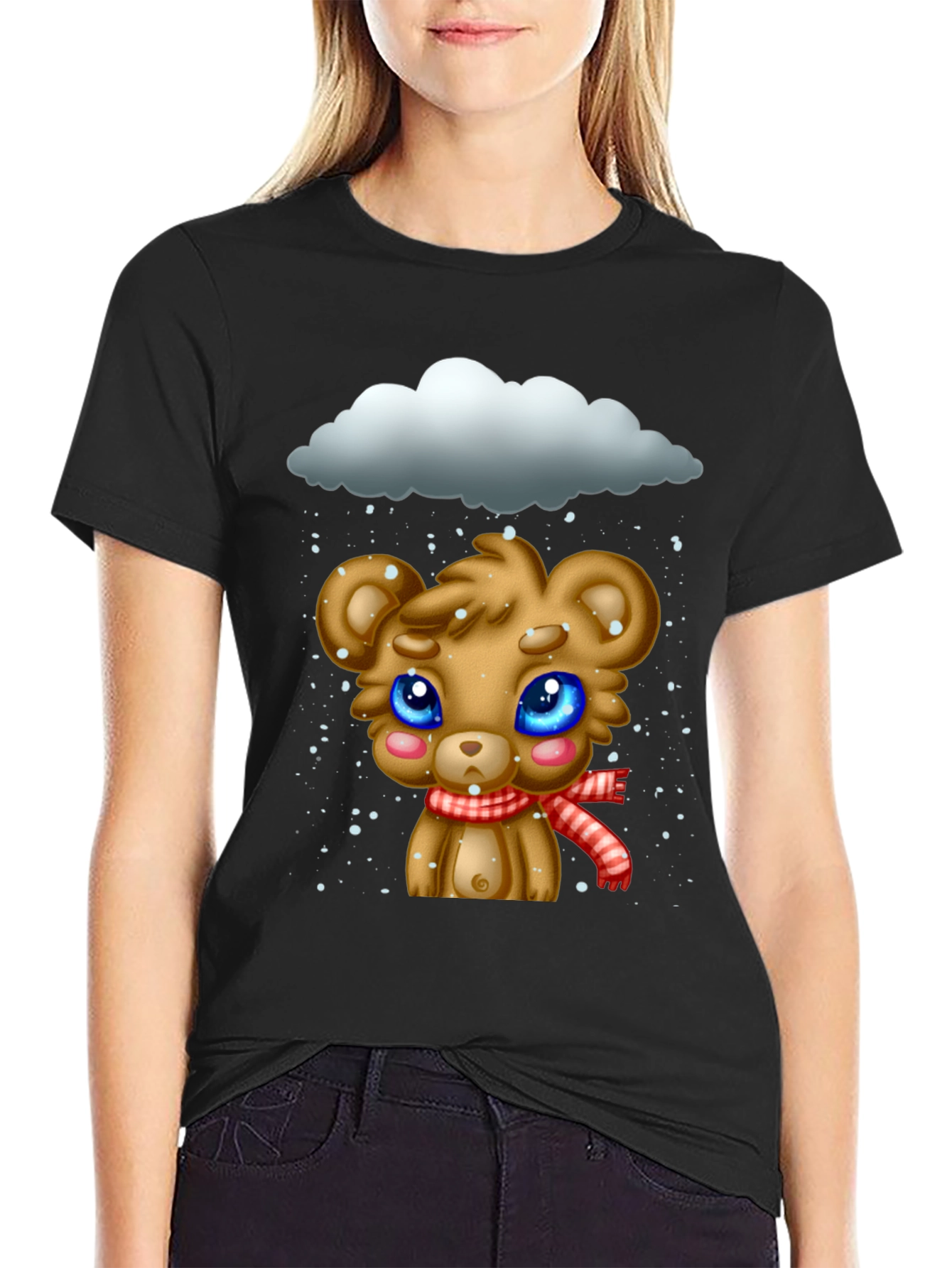 Black Cute Bear in Snow Graphic T-Shirt view 2