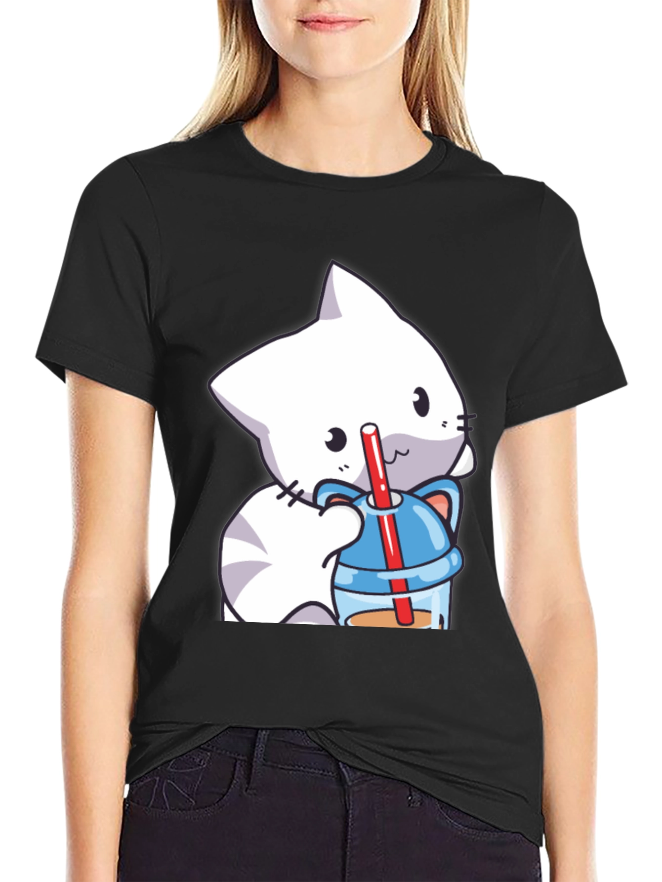 Black Cute Cat Boba T-Shirt - Kawaii Style view 2