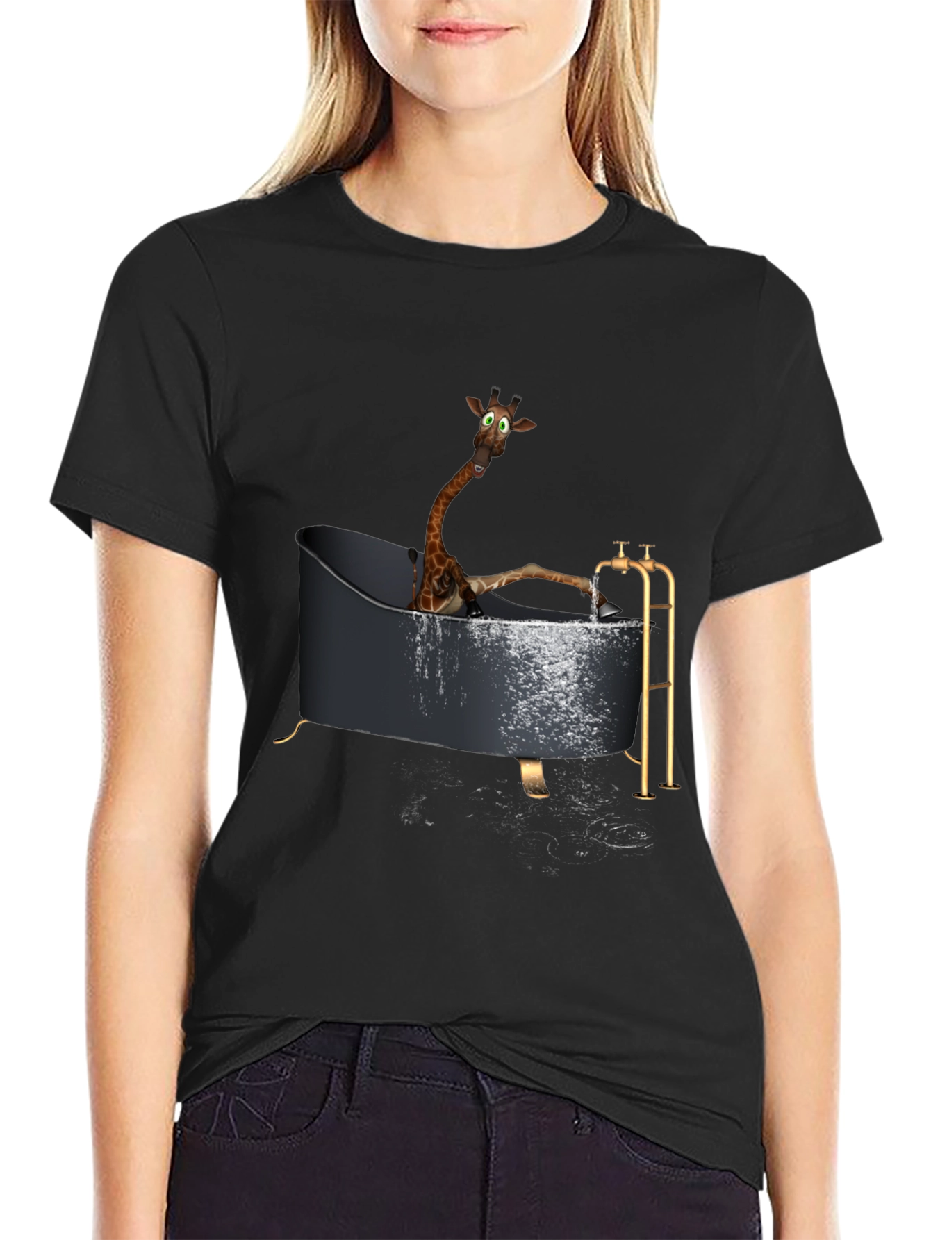 Black Giraffe in Bathtub Novelty T-Shirt view 2