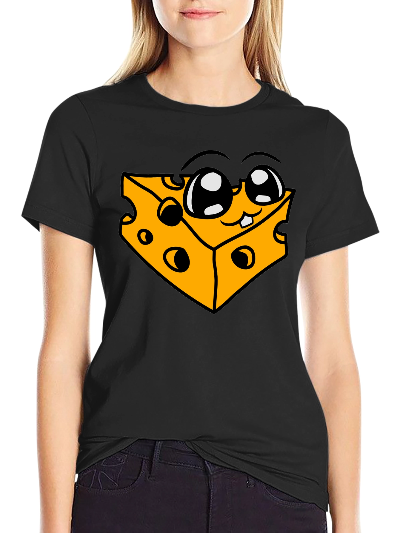 Black Funny Cheese Cartoon Graphic Black T-Shirt view 2