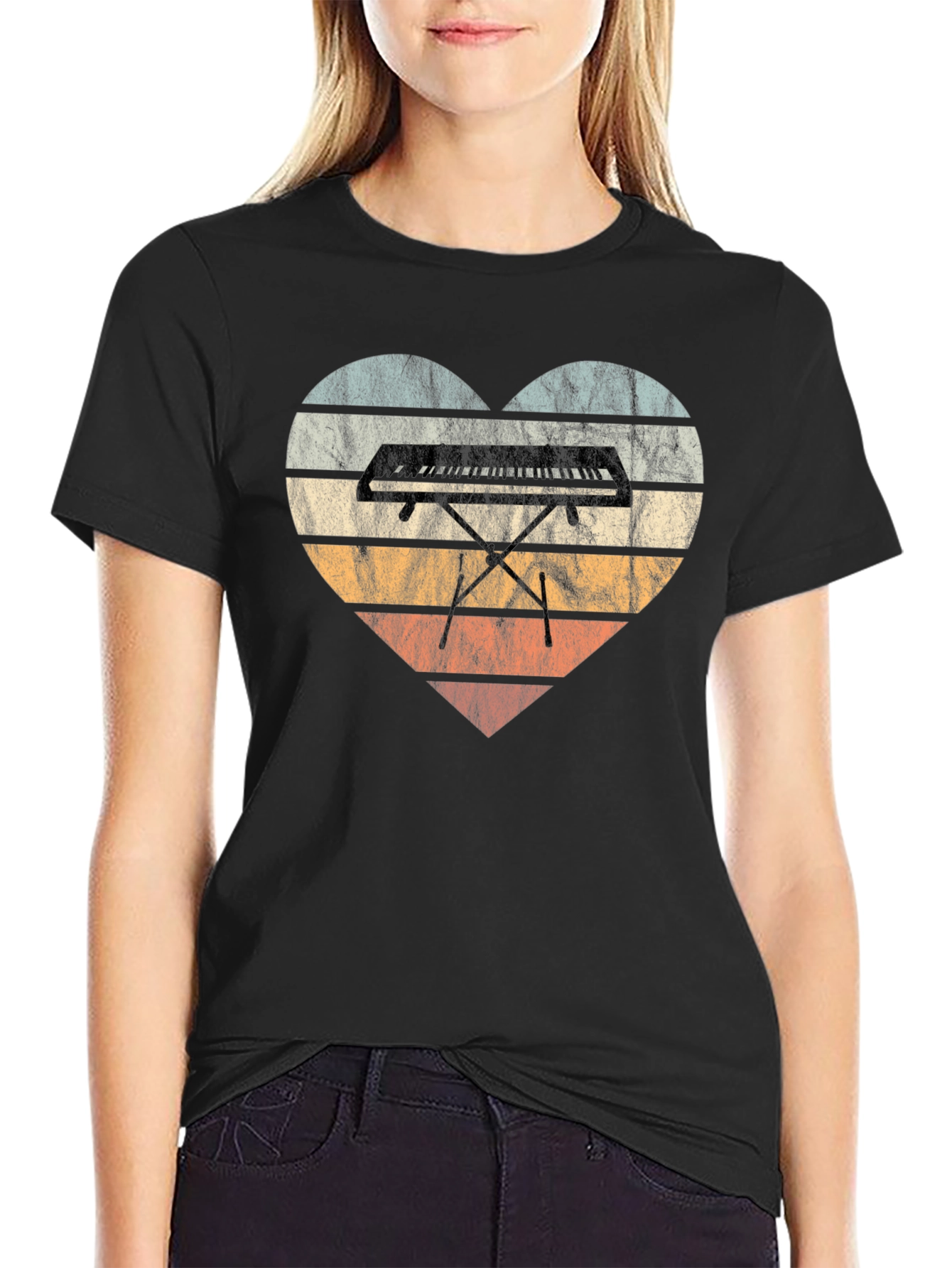 Black Vintage Keyboard Heart T-Shirt - Music Lover Tee view 2