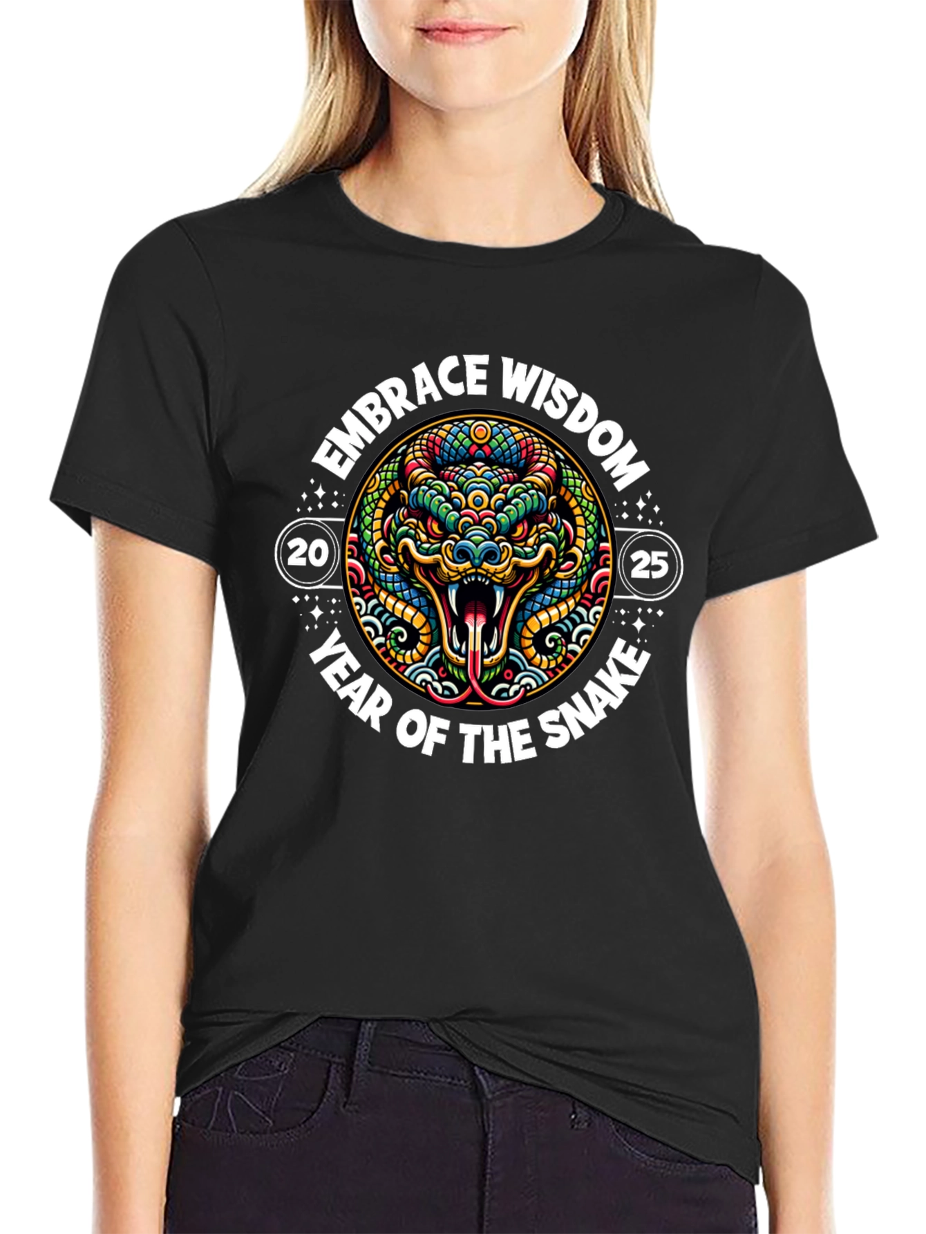 Black Embrace Wisdom Snake Year T-Shirt view 2