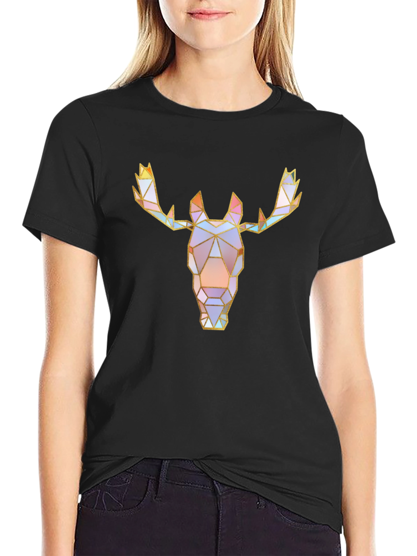 Black Geometric Moose Graphic Tee - Modern Style view 2