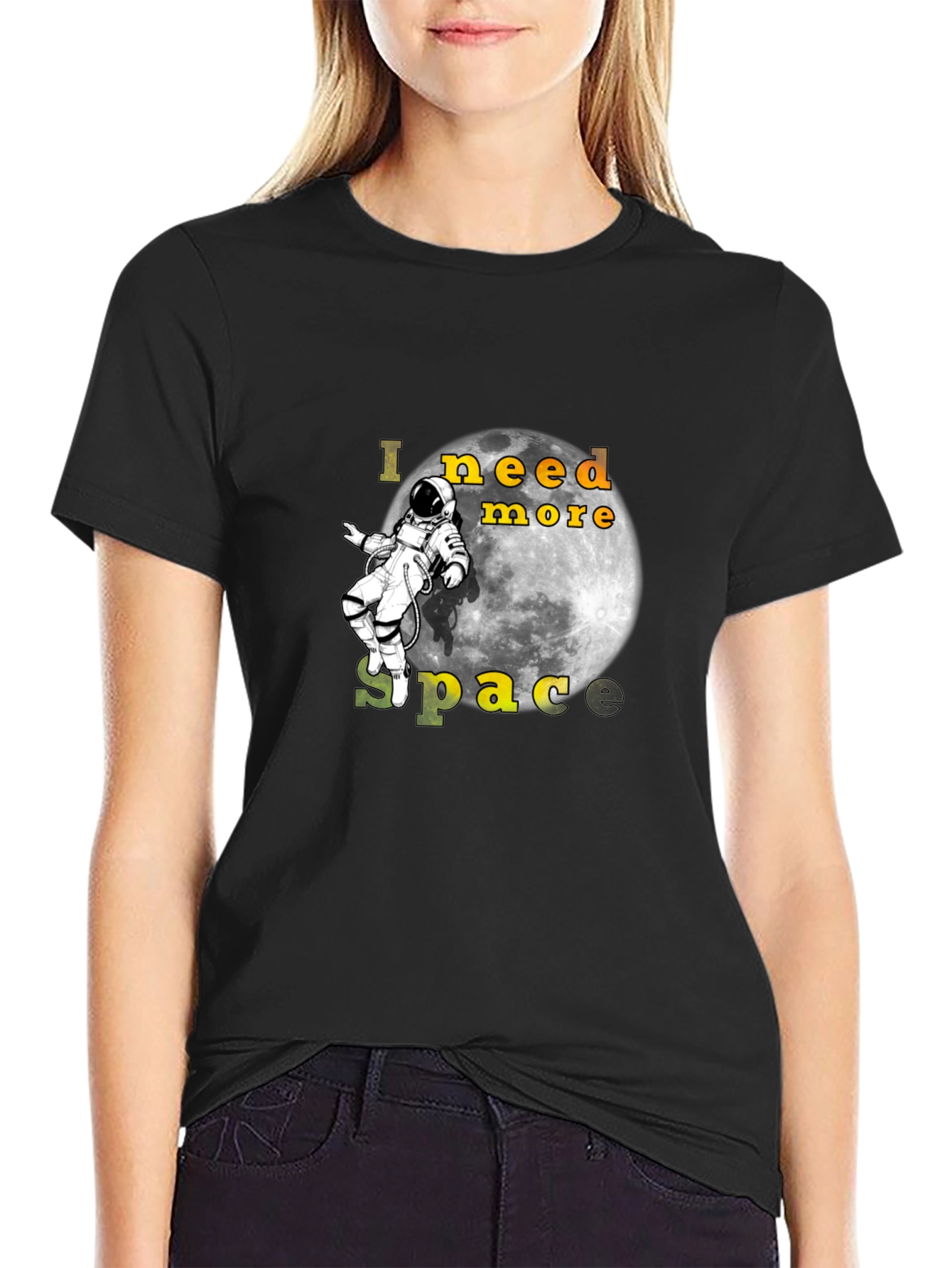 Black I Need More Space Black T-Shirt Astronaut Moon view 2