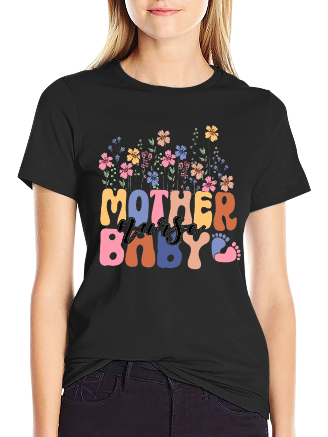Black Mother Nurse Baby Floral Graphic Tee view 2