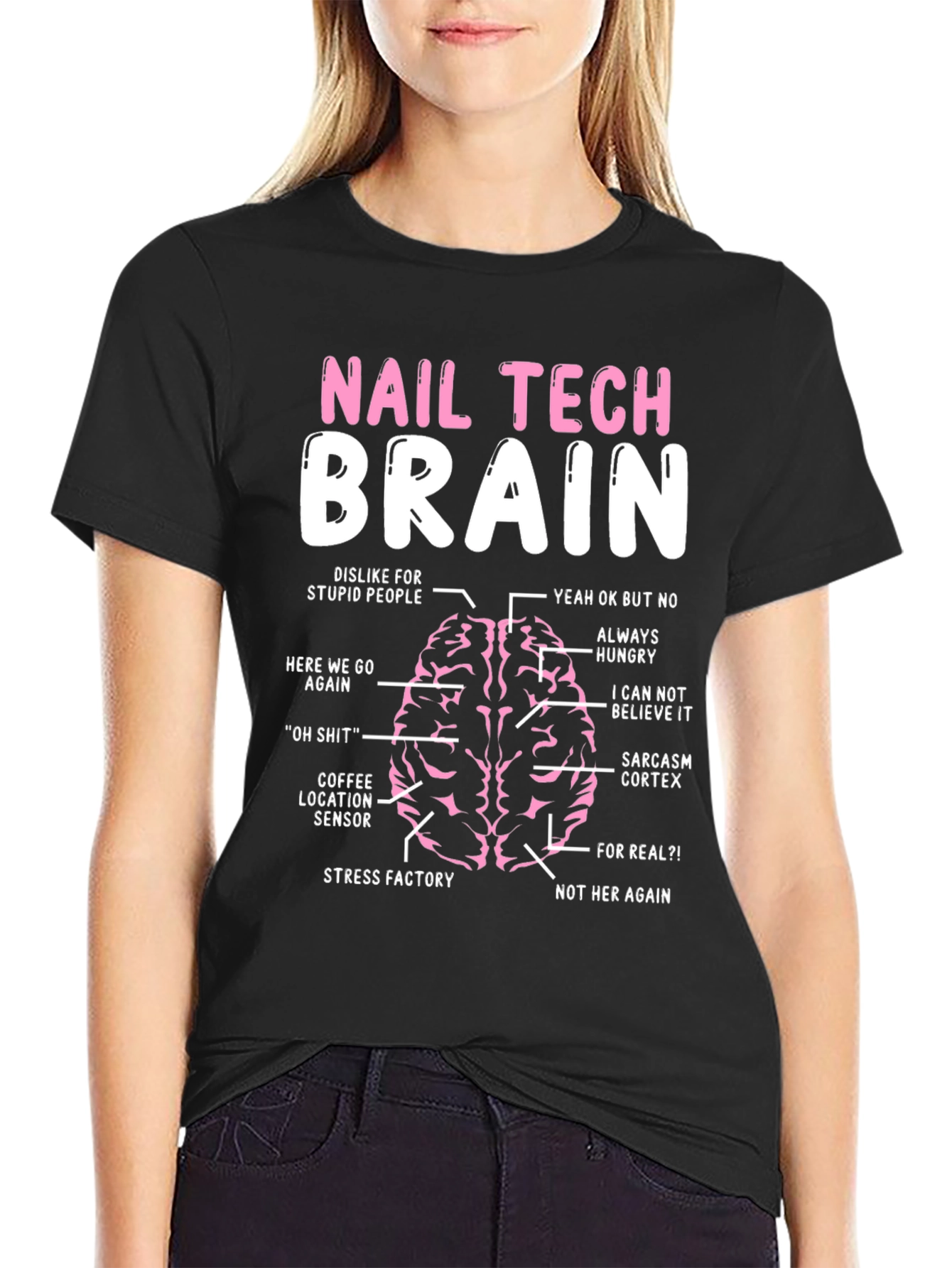 Black Nail Tech Brain T-Shirt Funny Manicure Artist Tee view 2