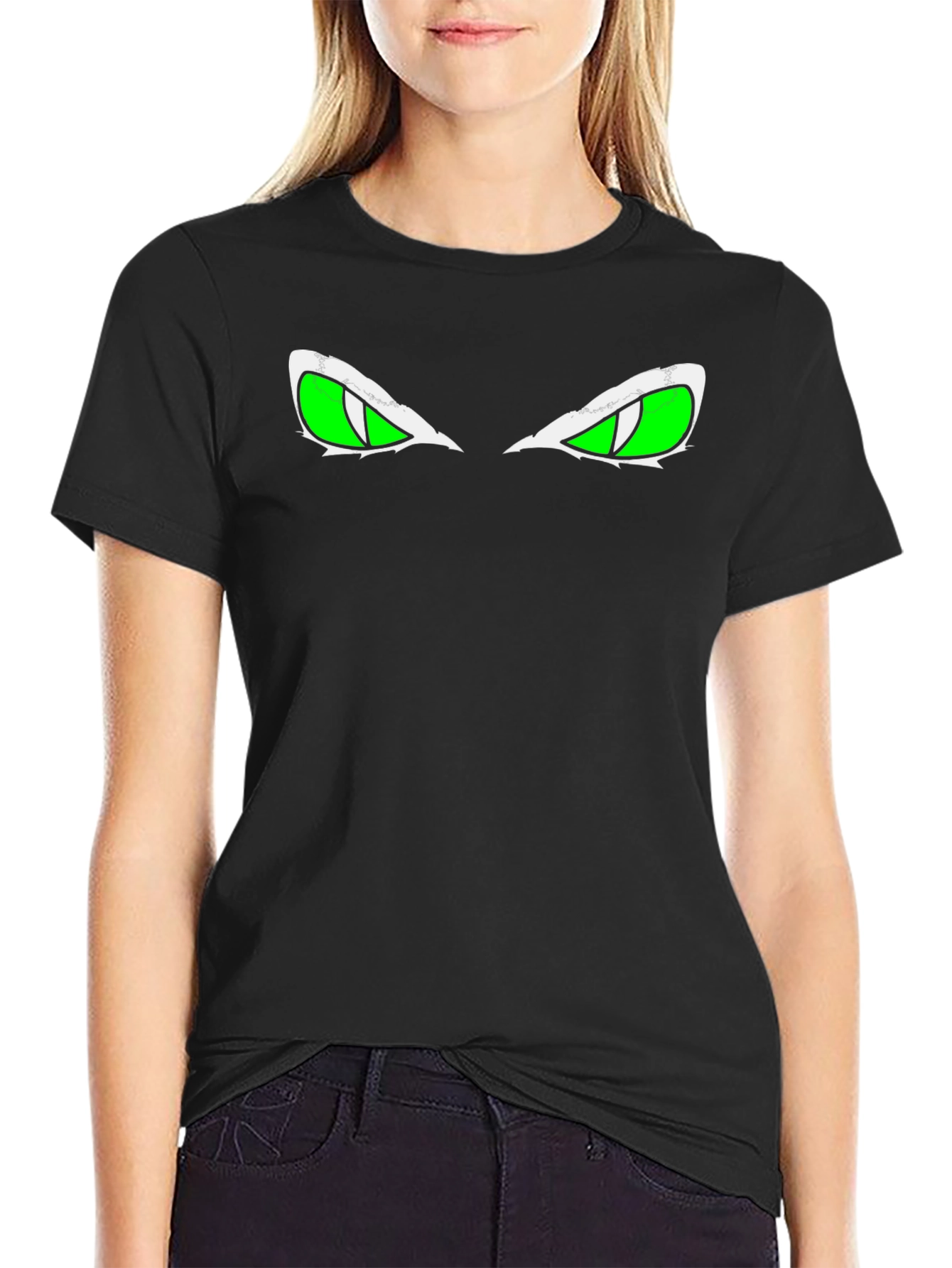 Black Men's Black T-shirt with Green Eyes Graphic view 2
