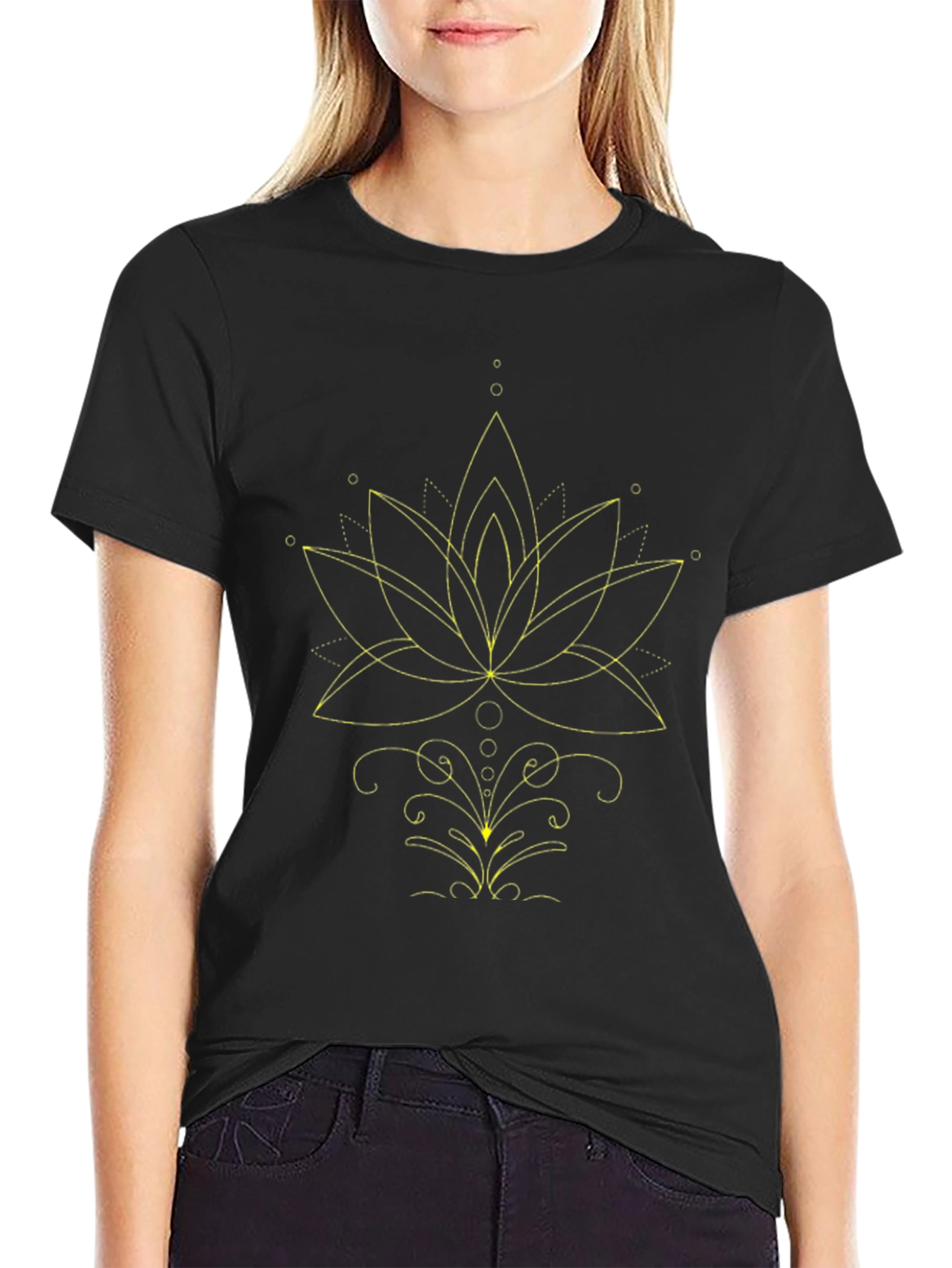 Black Geometric Lotus Graphic Tee - Black view 2