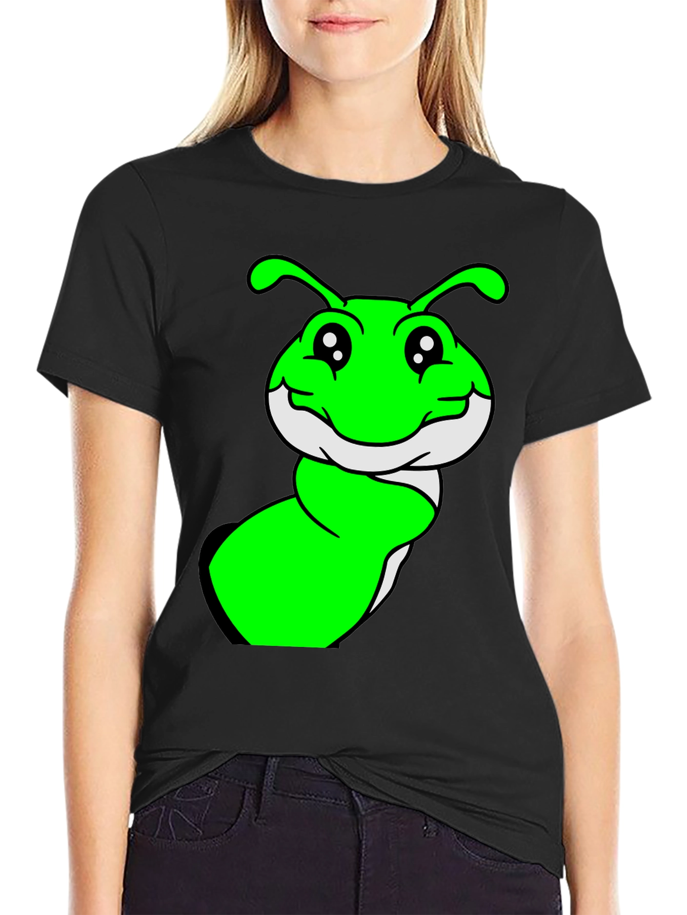 Black Green Cartoon Worm Graphic T-Shirt view 2