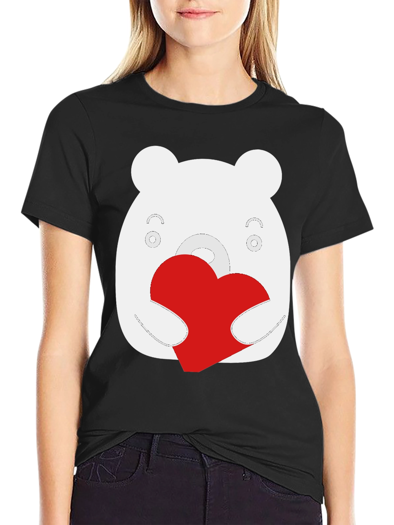 Black Cute Bear Heart Graphic Black T-Shirt view 2