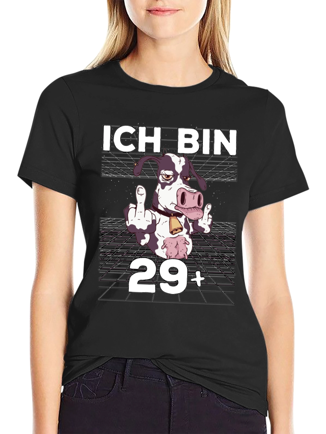 Black Funny Cow 29+ Birthday T-Shirt view 2