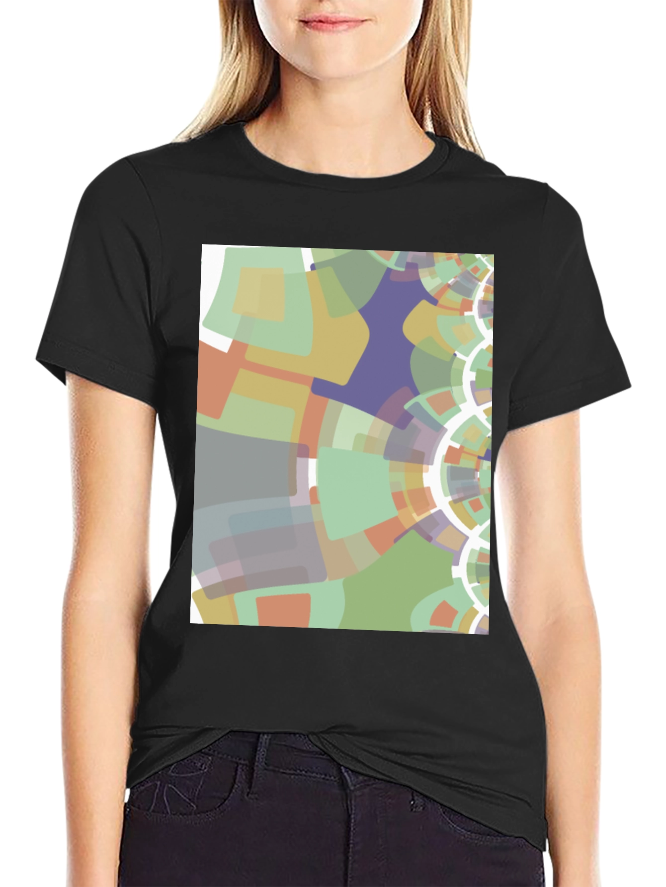 Black Abstract Geometric Graphic Print Black T-Shirt view 2