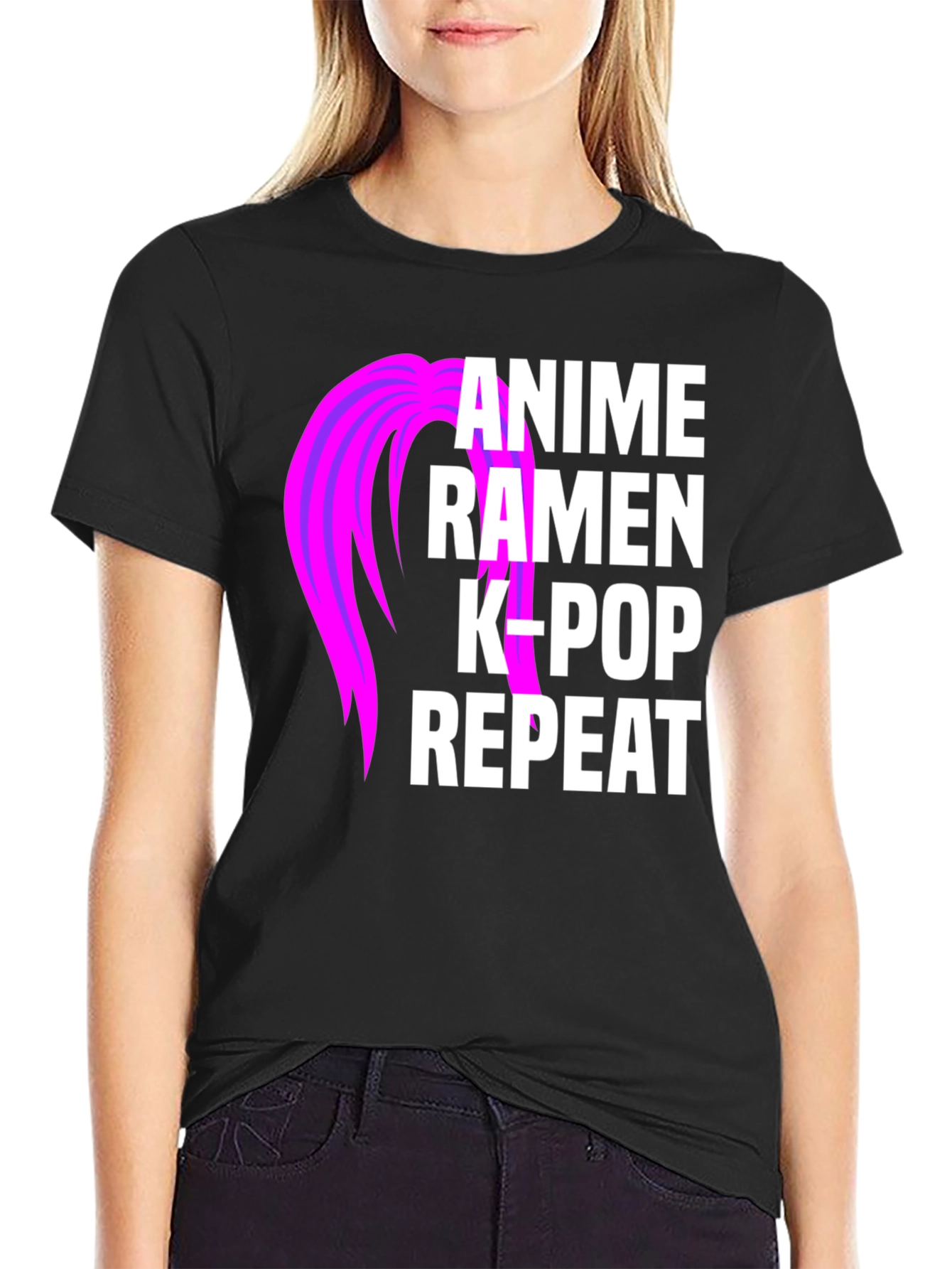 Black Anime Ramen K-Pop Repeat Graphic T-Shirt view 2