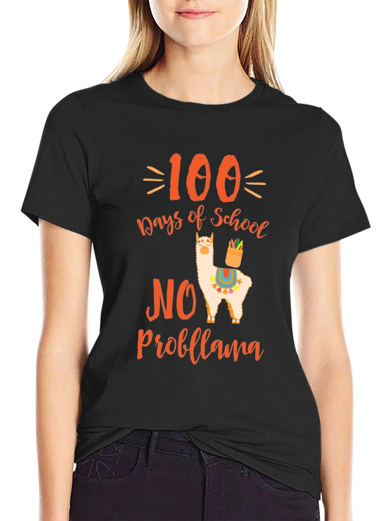 Black 100 Days of School No Probllama T-Shirt view 2