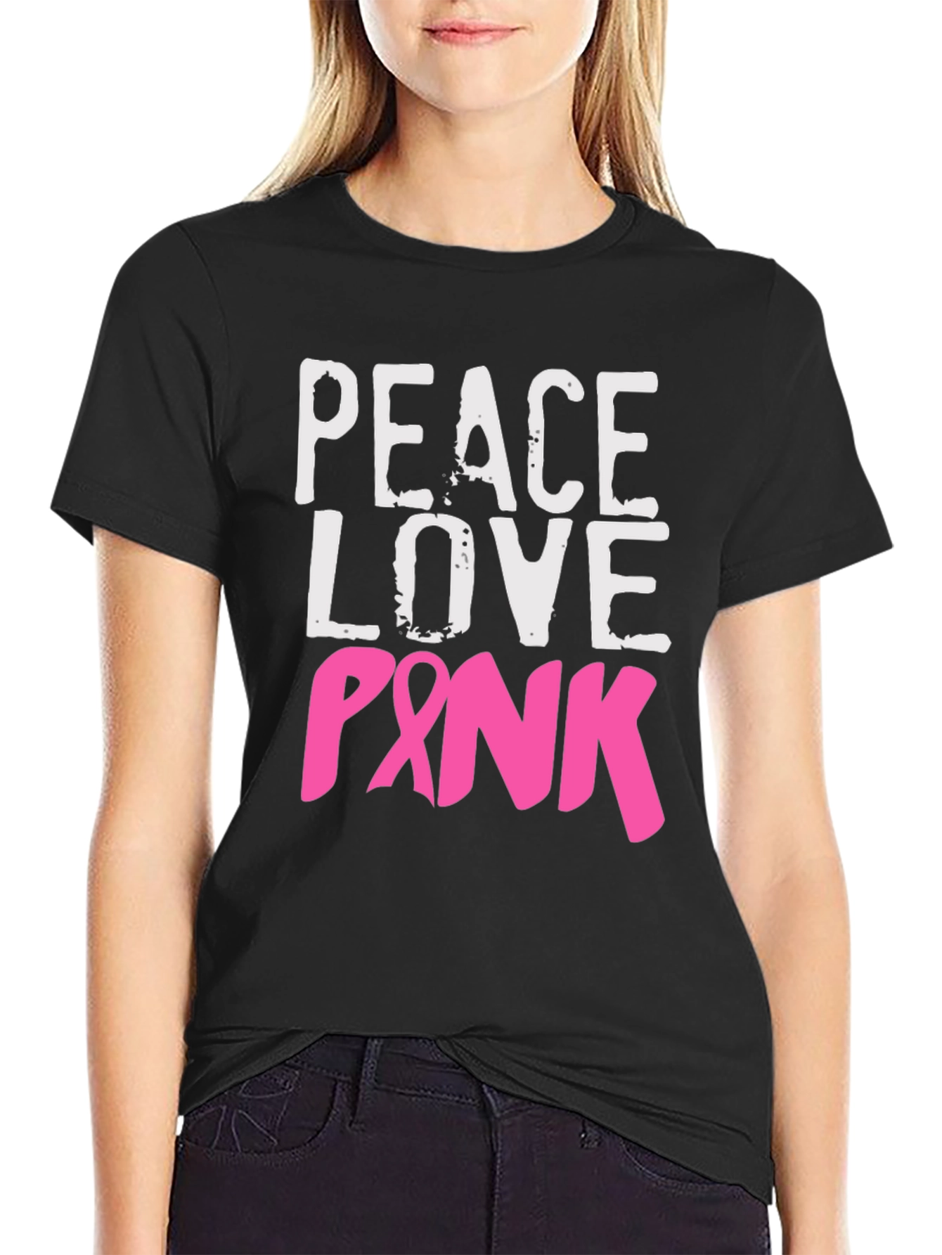 Black Peace Love Pink Breast Cancer Awareness T-Shirt view 2