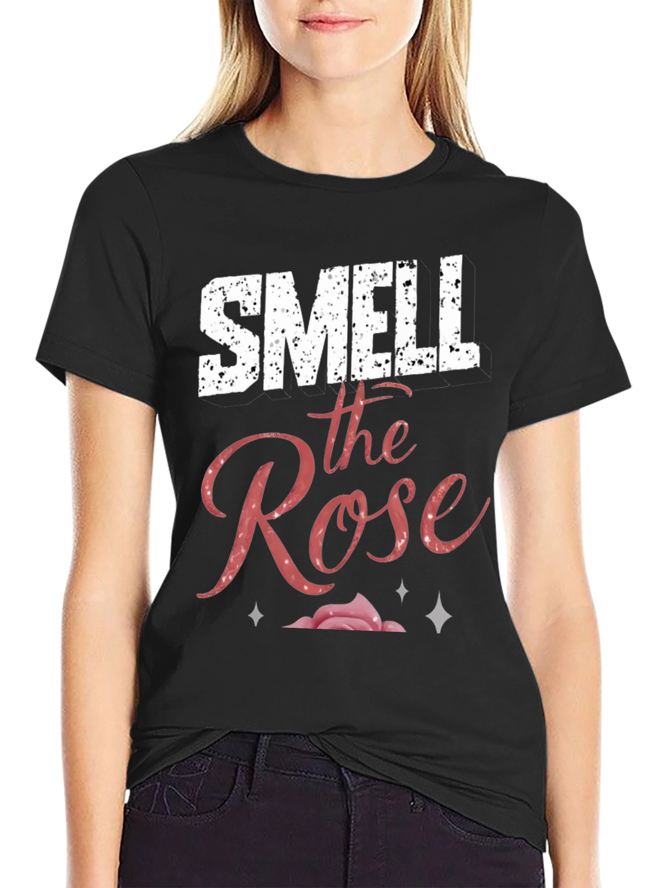 Black Smell the Rose Graphic Tee - Black Cotton Casual Top view 2