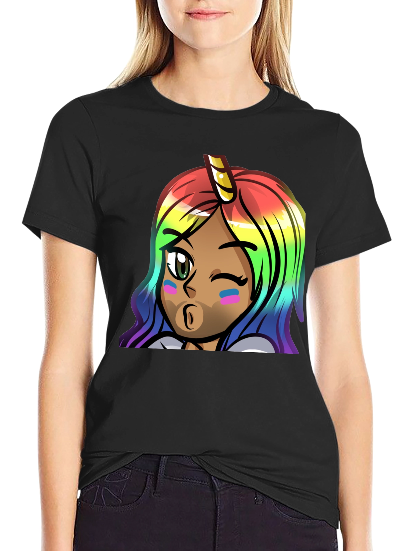 Black Rainbow Unicorn Girl Graphic Tee - Unisex view 2