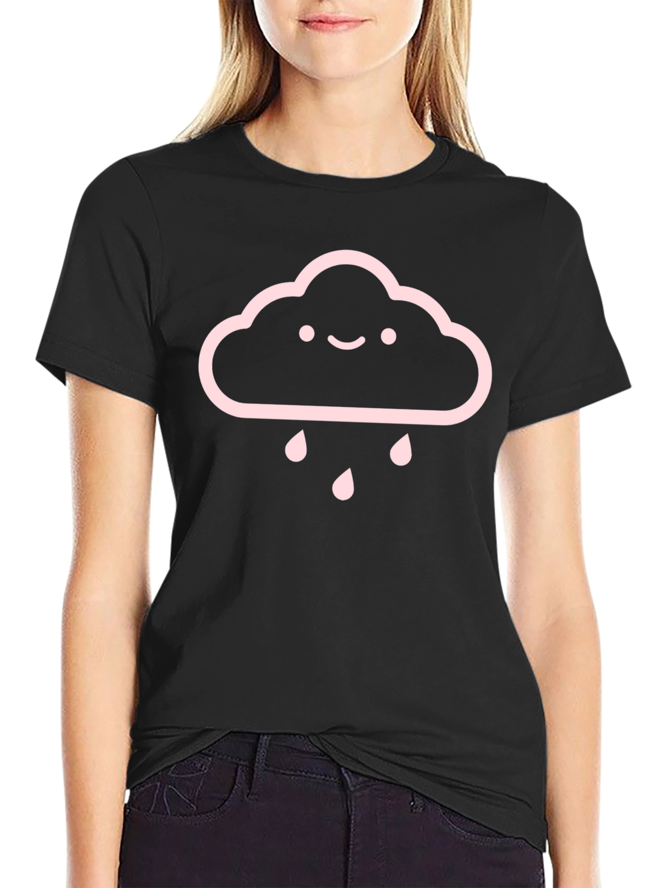 Black Cute Cloud Rain T-Shirt - Black Cotton Tee view 2
