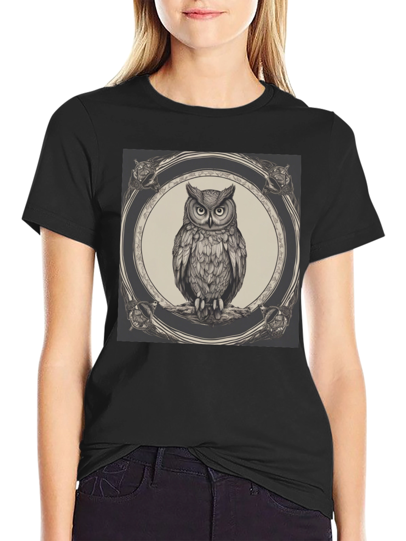 Black Owl Graphic Print Black Crew Neck T-Shirt view 2