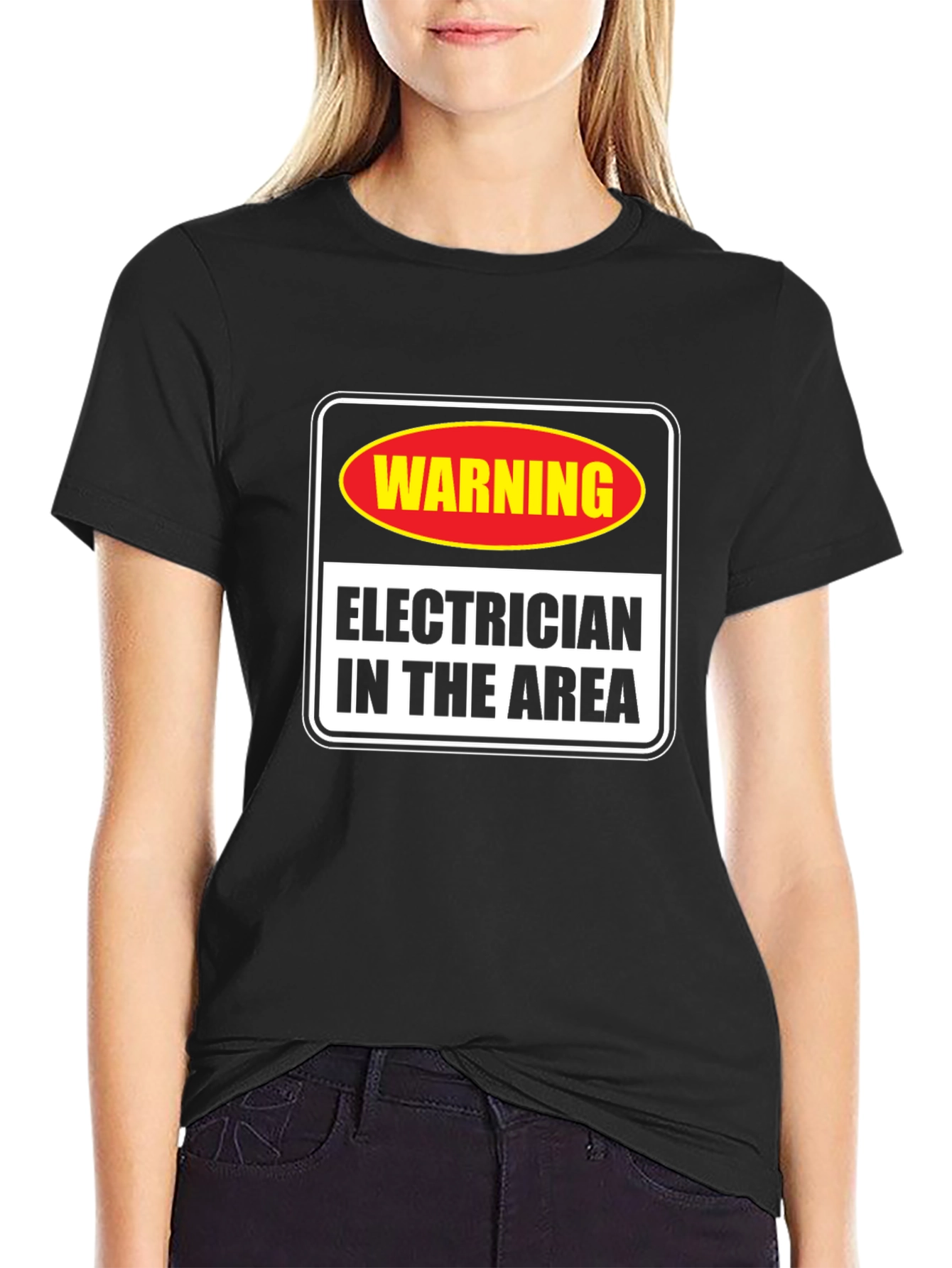 Black Warning Electrician in Area T-Shirt view 2
